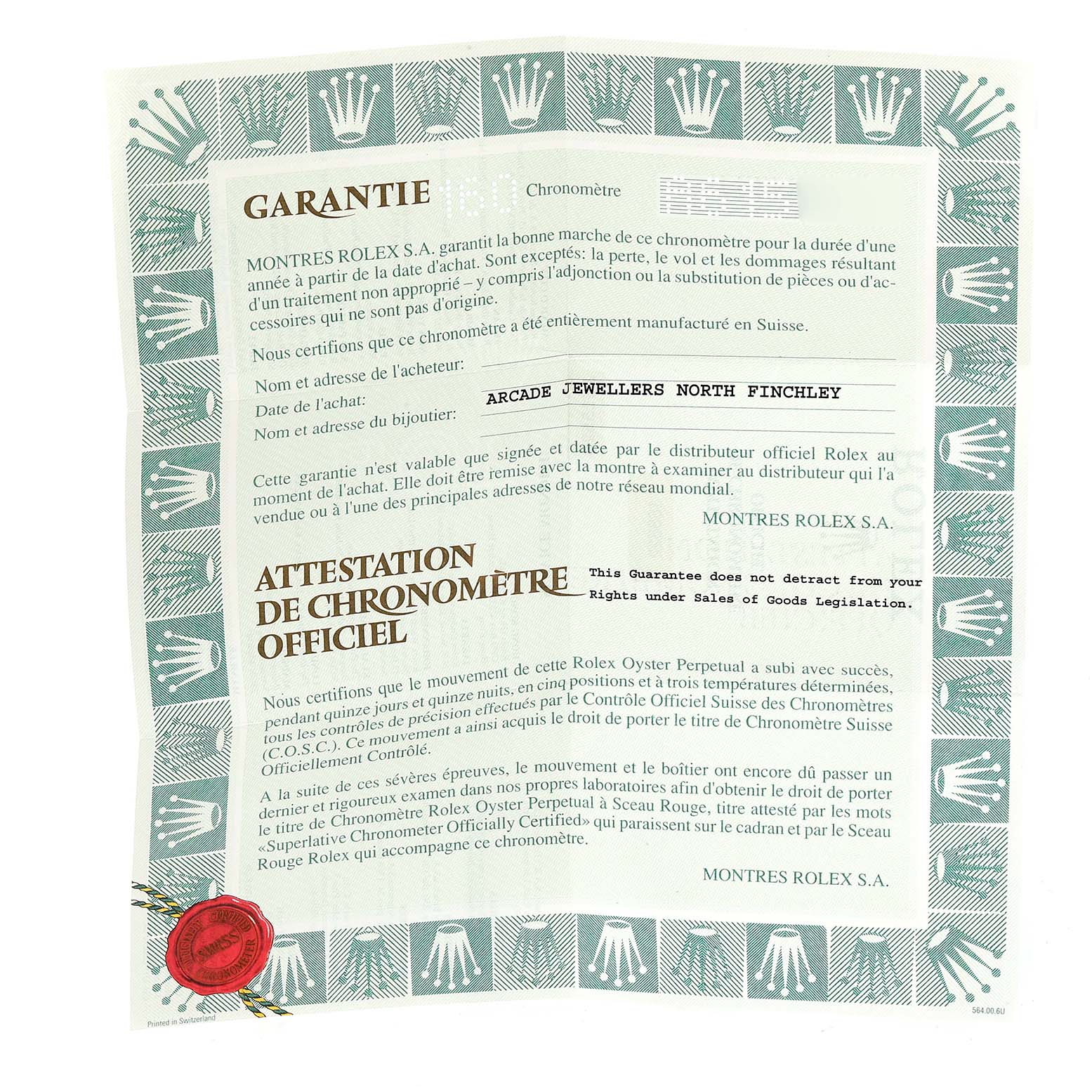 The image shows a warranty certificate for a Rolex Yacht-Master 168622 Men's Stainless Steel Silver Dial 168622 Men's Stainless Steel Silver Dial watch, providing guarantee details and official certification.