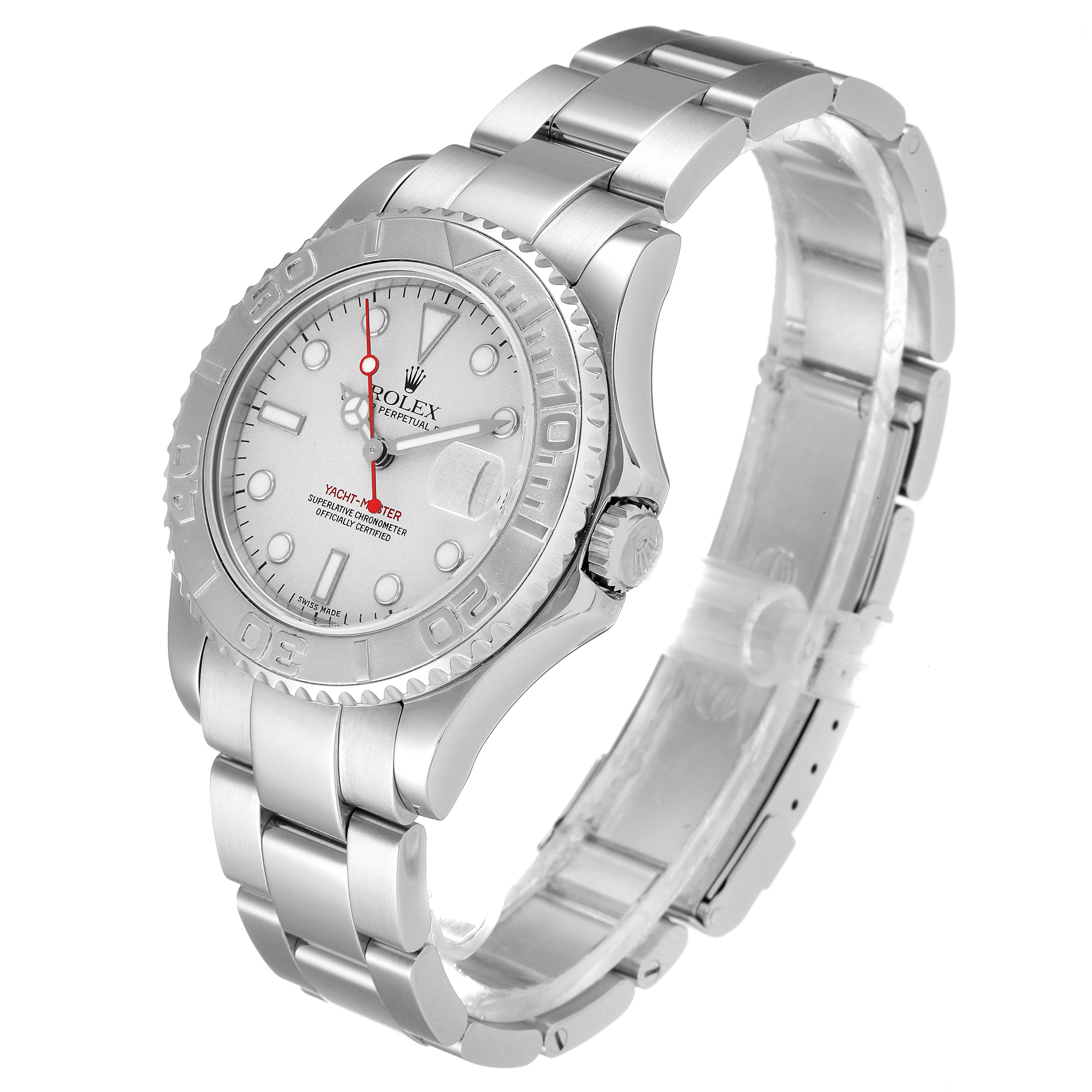 This is a Rolex Yacht-Master 168622 Men's Stainless Steel Silver Dial 168622 Men's Stainless Steel Silver Dial model, viewed at an angle showing the face, bezel, and stainless steel bracelet.