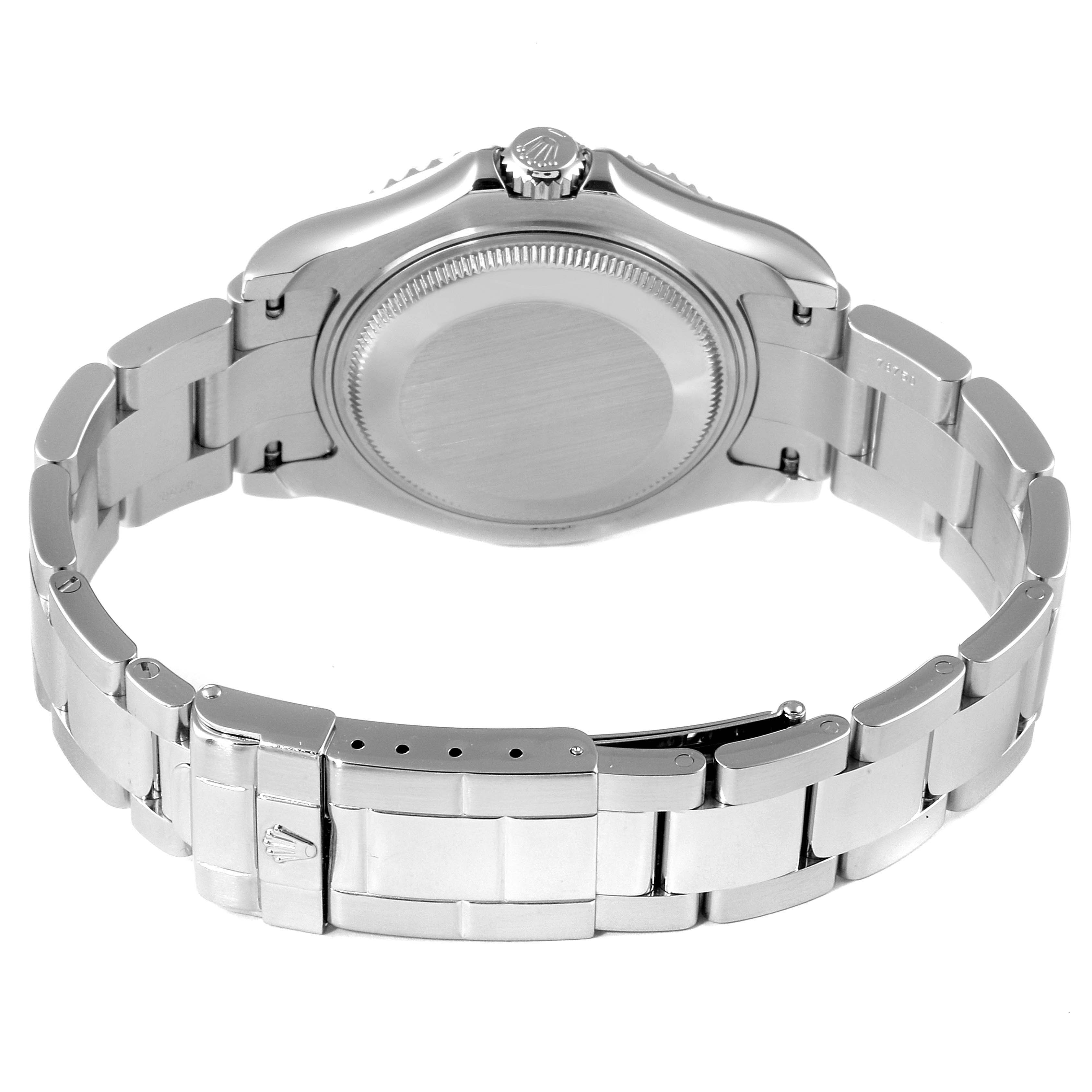 This image shows the back case and clasp of a Rolex Yacht-Master 168622 Men's Stainless Steel Silver Dial 168622 Men's Stainless Steel Silver Dial watch from a bottom angle.