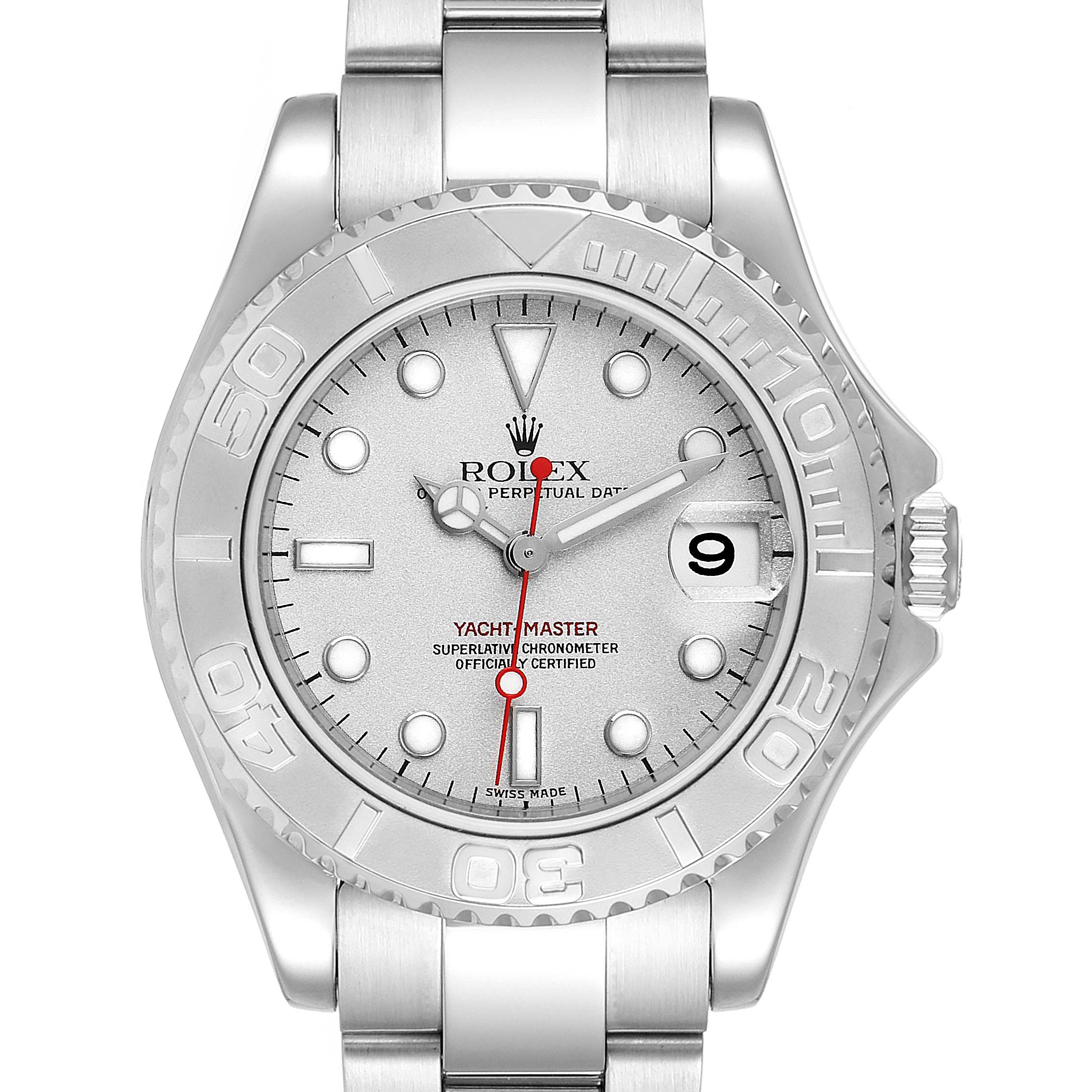 The image shows a frontal view of a Rolex Yacht-Master 168622 Men's Stainless Steel Silver Dial 168622 Men's Stainless Steel Silver Dial watch, displaying its dial, bezel, hands, and part of the bracelet.