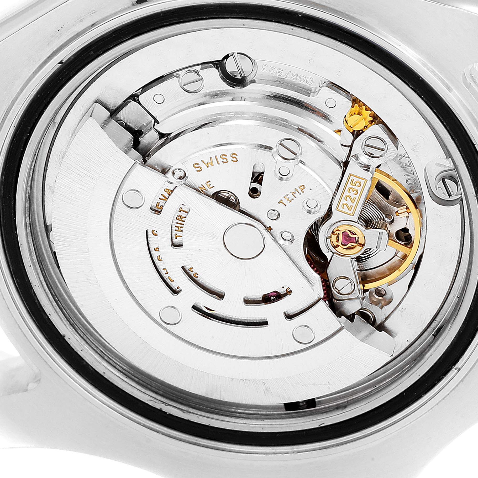 This image shows a close-up view of the movement inside a Rolex Yacht-Master 168622 Men's Stainless Steel Silver Dial 168622 Men's Stainless Steel Silver Dial watch, highlighting intricate internal components.