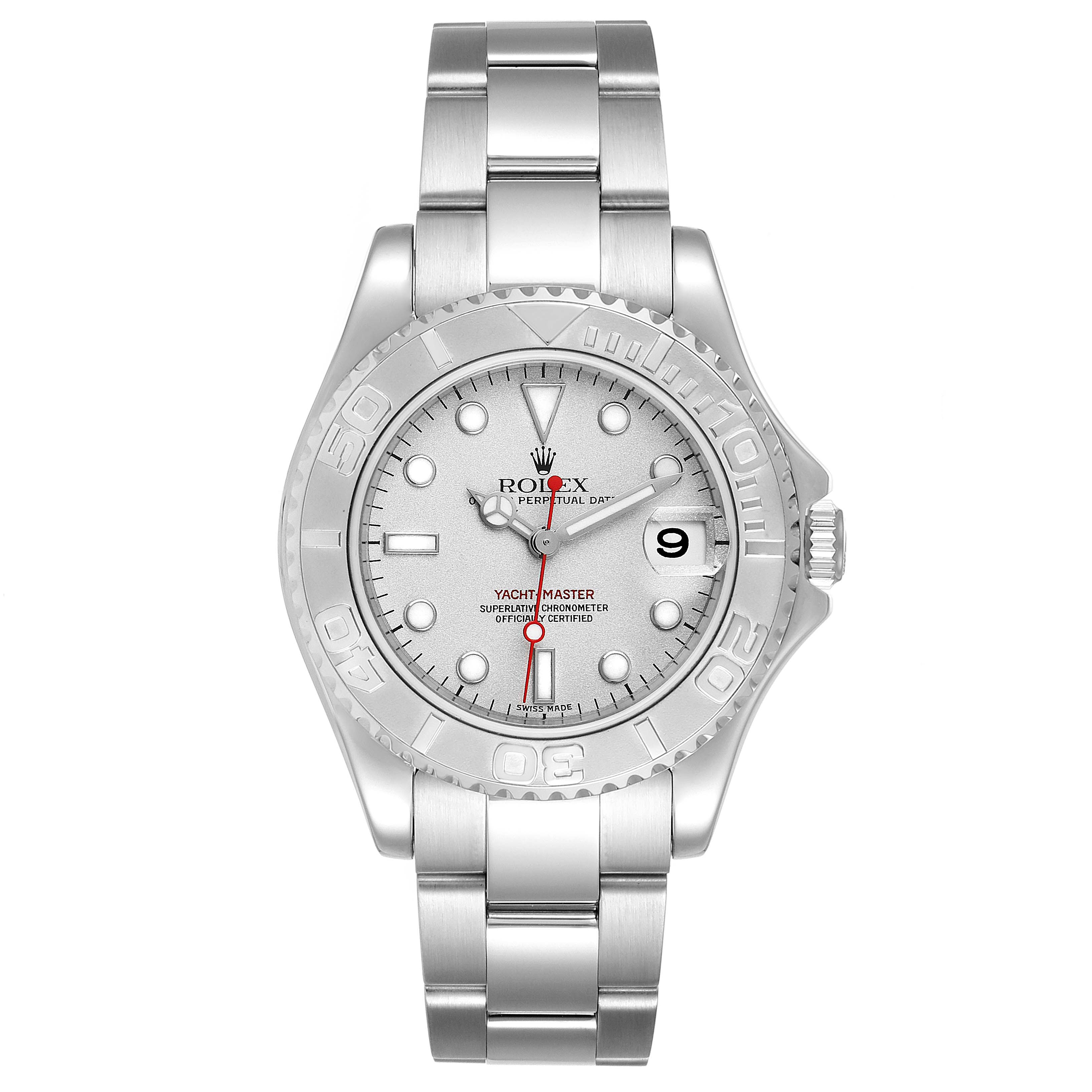 The image shows a front view of a Rolex Yacht-Master 168622 Men's Stainless Steel Silver Dial 168622 Men's Stainless Steel Silver Dial watch, displaying its face, bezel, and bracelet.