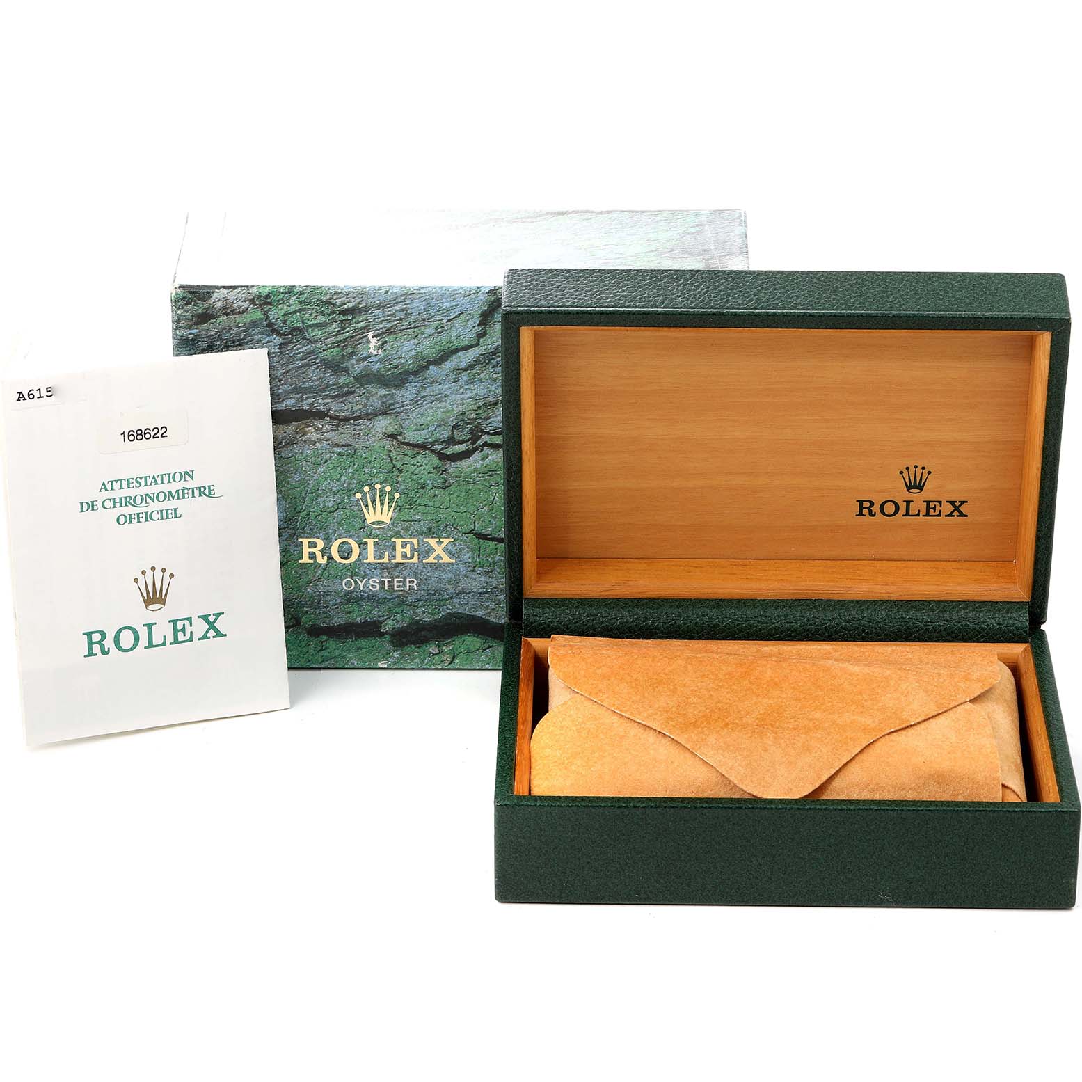 The image shows the packaging for a Rolex Yacht-Master 168622 Men's Stainless Steel Silver Dial 168622 Men's Stainless Steel Silver Dial, including the warranty card and a green and wooden presentation box.