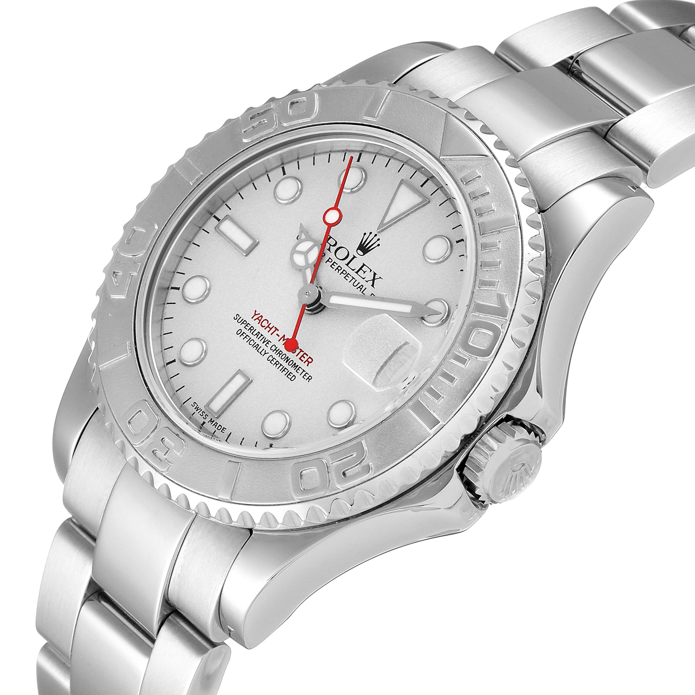 This image shows a Rolex Yacht-Master 168622 Men's Stainless Steel Silver Dial 168622 Men's Stainless Steel Silver Dial watch at a slight angled view, displaying the face, bezel, crown, and part of the bracelet.