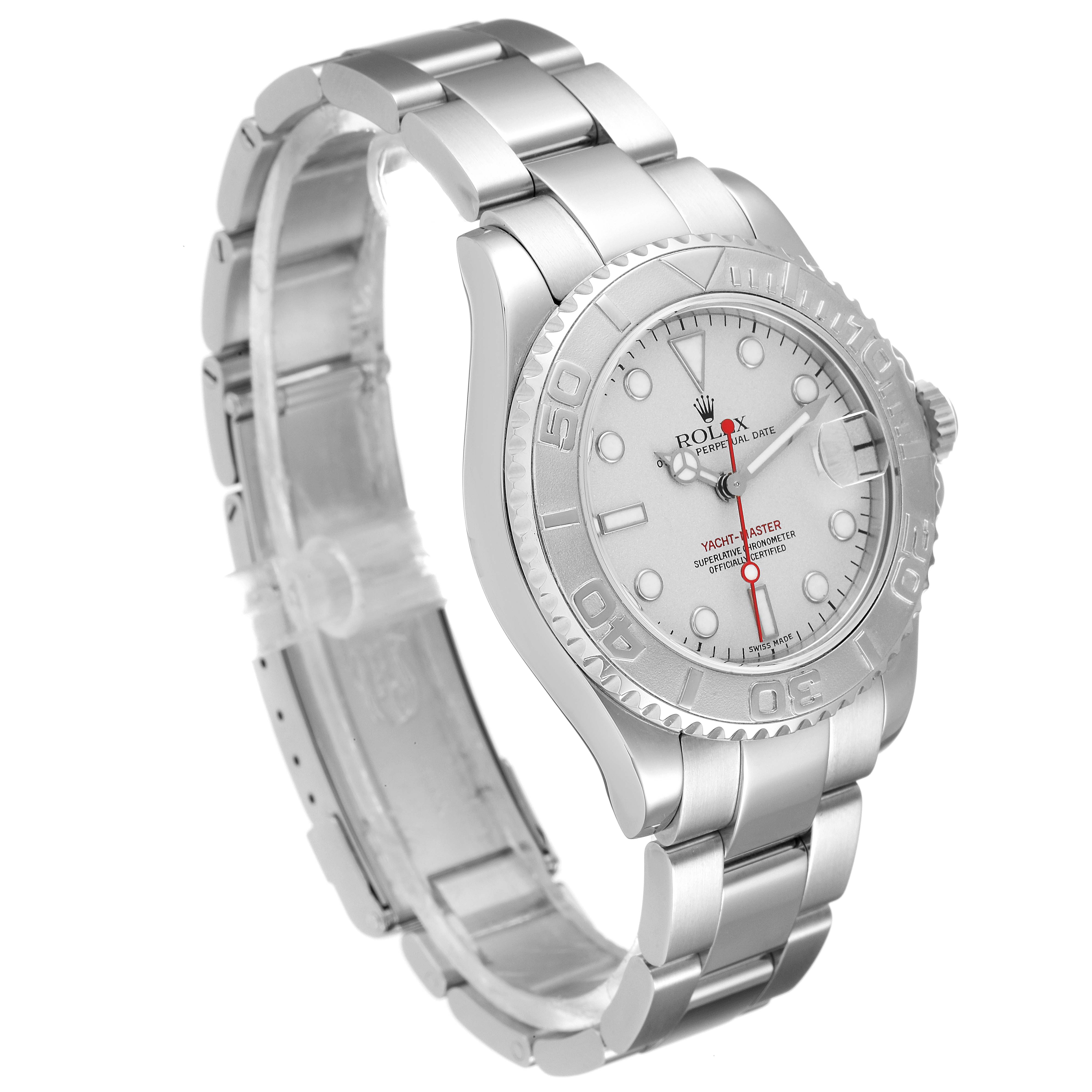 The image shows a Rolex Yacht-Master 168622 Men's Stainless Steel Silver Dial 168622 Men's Stainless Steel Silver Dial watch at a three-quarter angle, highlighting the dial, bezel, case, and bracelet.