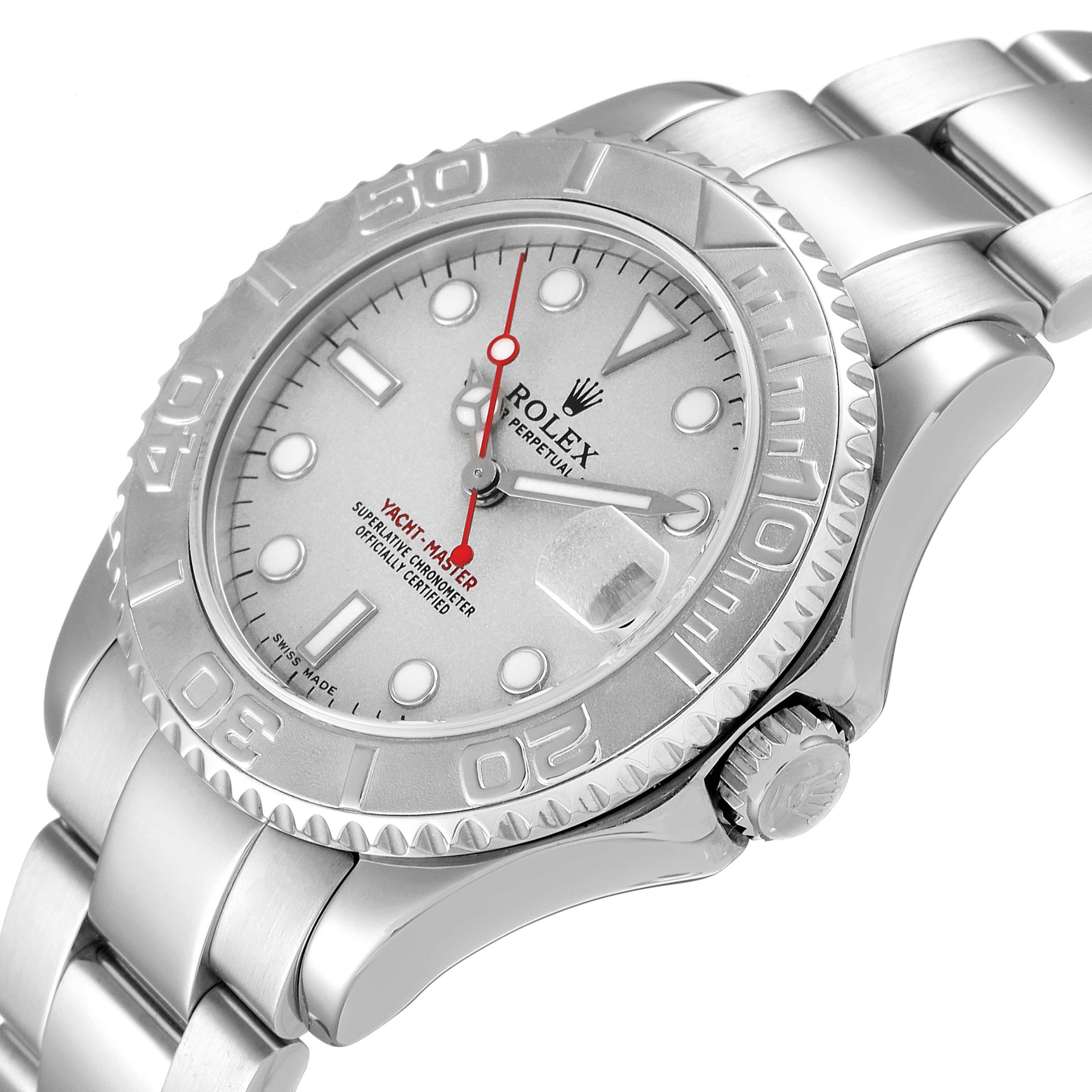 The image features a Rolex Yacht-Master 168622 Men
s Stainless Steel Silver Dial 168622 Men
s Stainless Steel Silver Dial watch angled to showcase its face, bezel, crown, and bracelet.