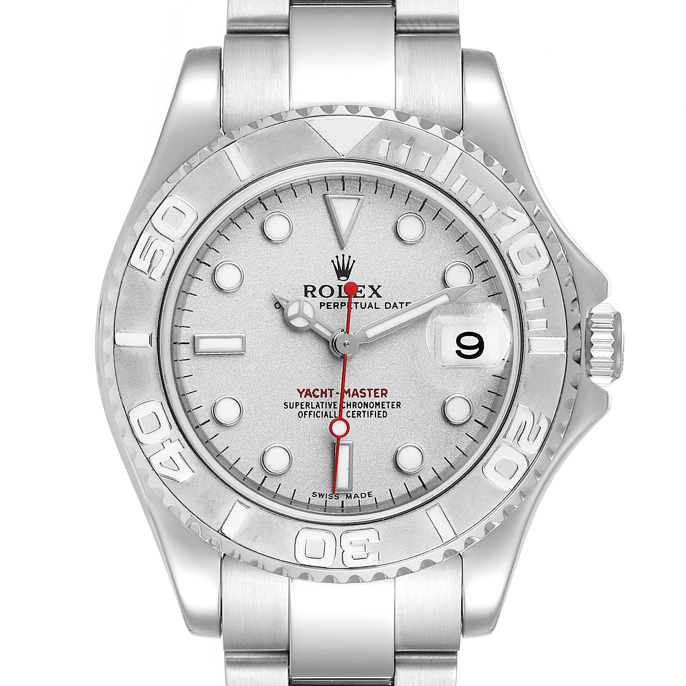 The image shows a front view of the Rolex Yacht-Master 168622 Men
s Stainless Steel Silver Dial 168622 Men
s Stainless Steel Silver Dial watch displaying its dial, bezel, and bracelet.