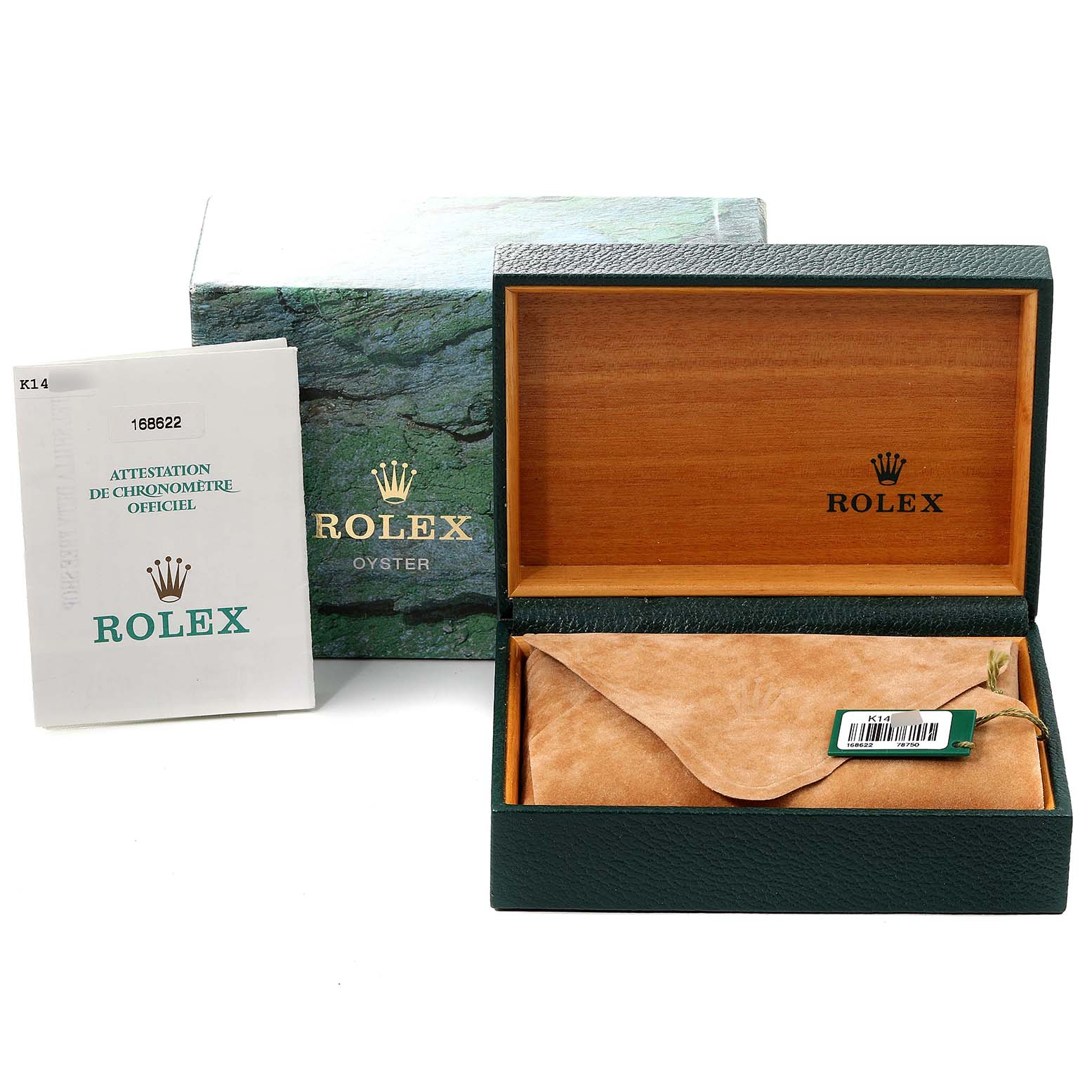 The image shows the box and certification paper for a Rolex Yacht-Master 168622 Men
s Stainless Steel Silver Dial 168622 Men
s Stainless Steel Silver Dial watch.