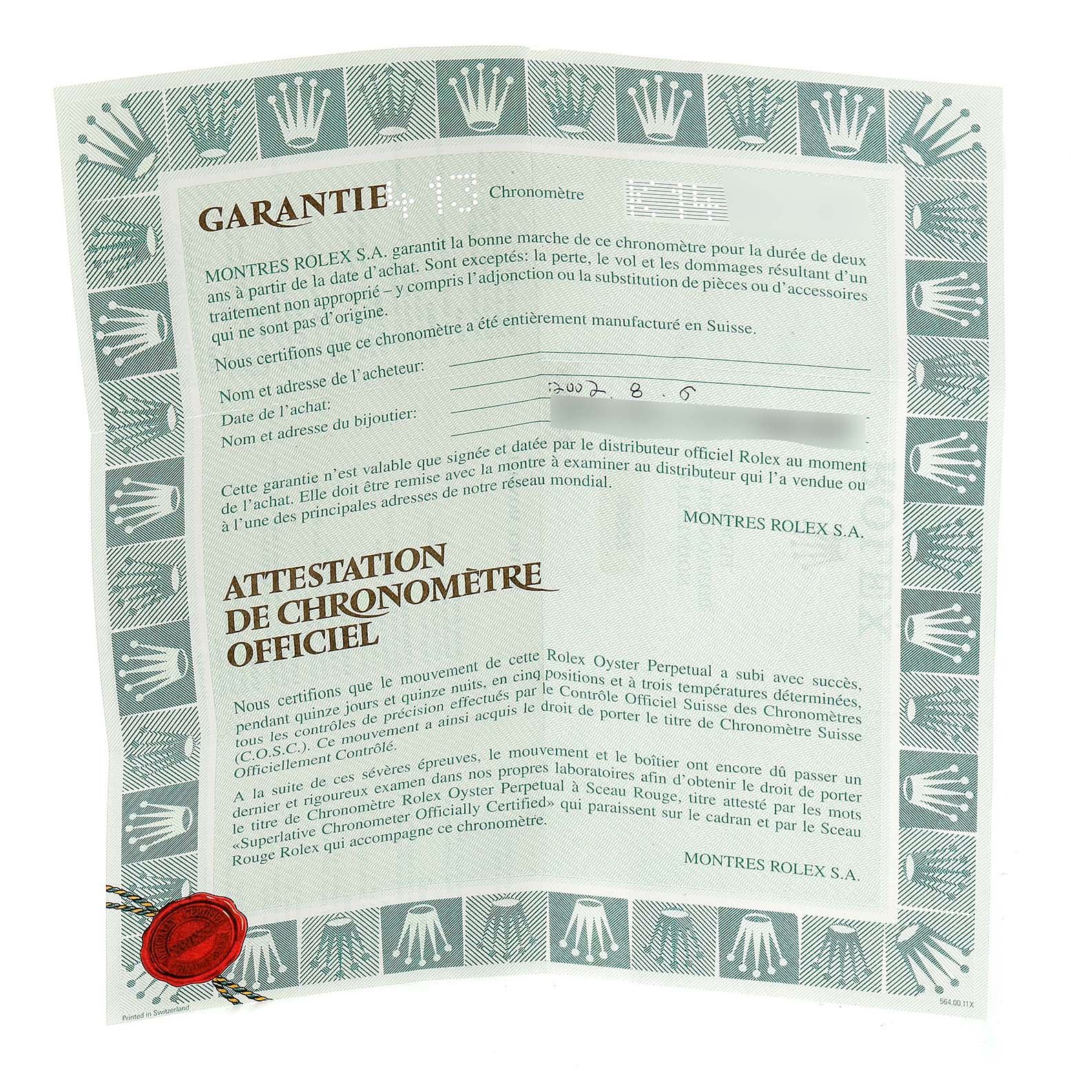 The image shows an official chronometer certificate for a Rolex Yacht-Master 168622 Men
s Stainless Steel Silver Dial 168622 Men
s Stainless Steel Silver Dial watch, including guarantee and attestation details.