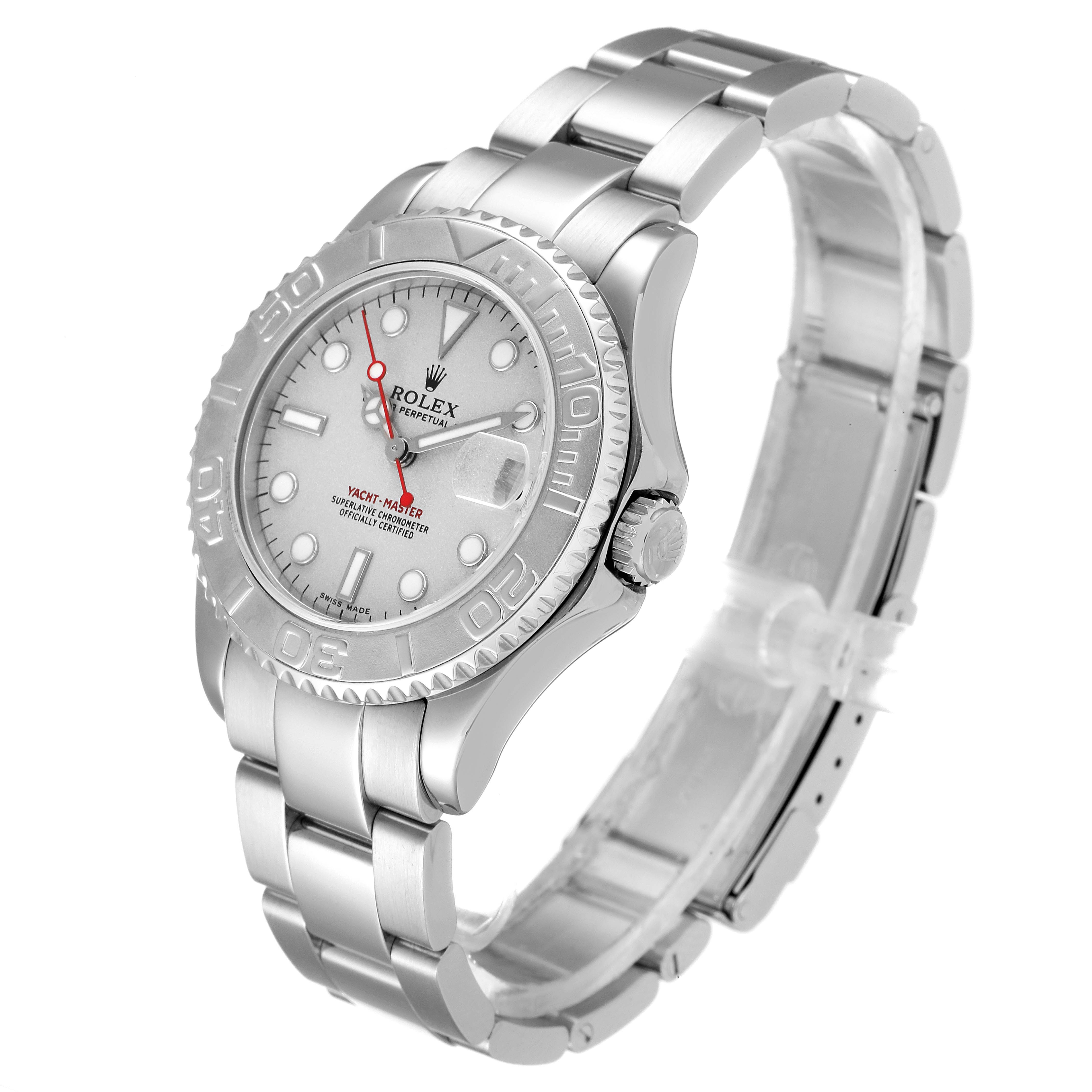 This image shows a Rolex Yacht-Master 168622 Men
s Stainless Steel Silver Dial 168622 Men
s Stainless Steel Silver Dial watch from a three-quarters front angle, revealing its face, bezel, and bracelet.