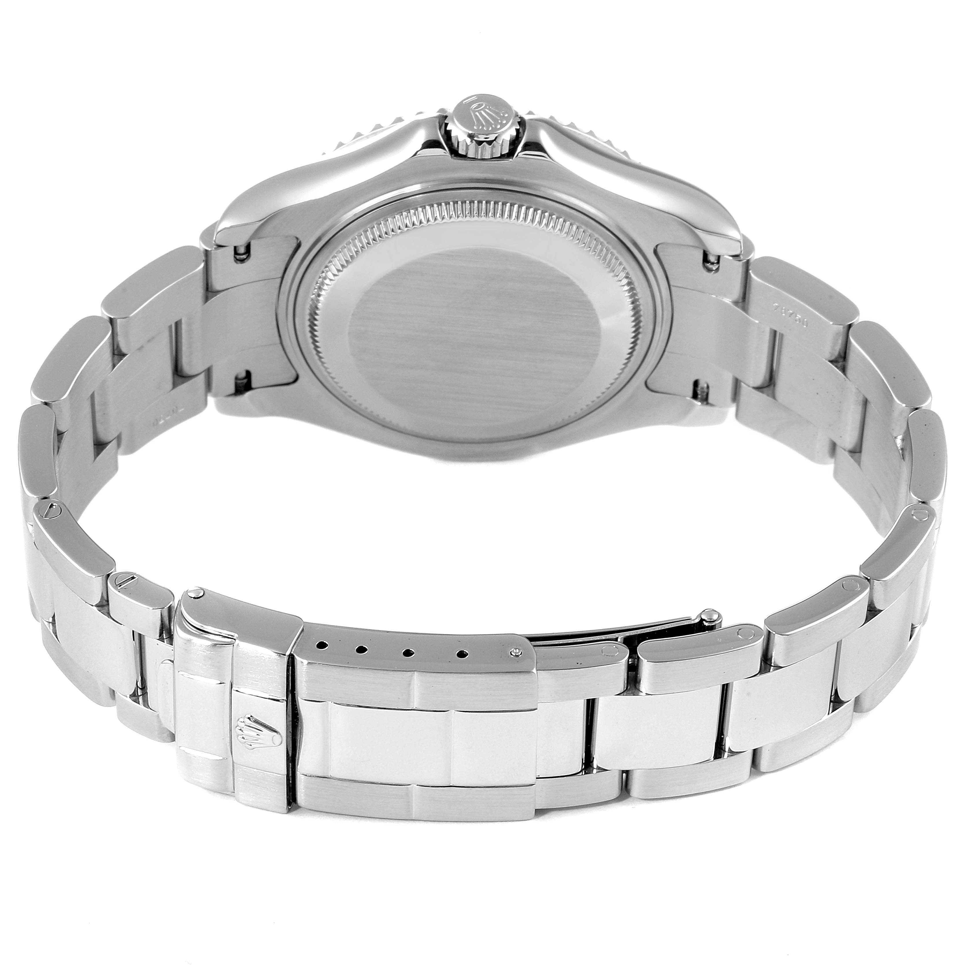 This image shows the back view of a Rolex Yacht-Master 168622 Men
s Stainless Steel Silver Dial 168622 Men
s Stainless Steel Silver Dial watch, including its stainless steel case, crown, and bracelet.