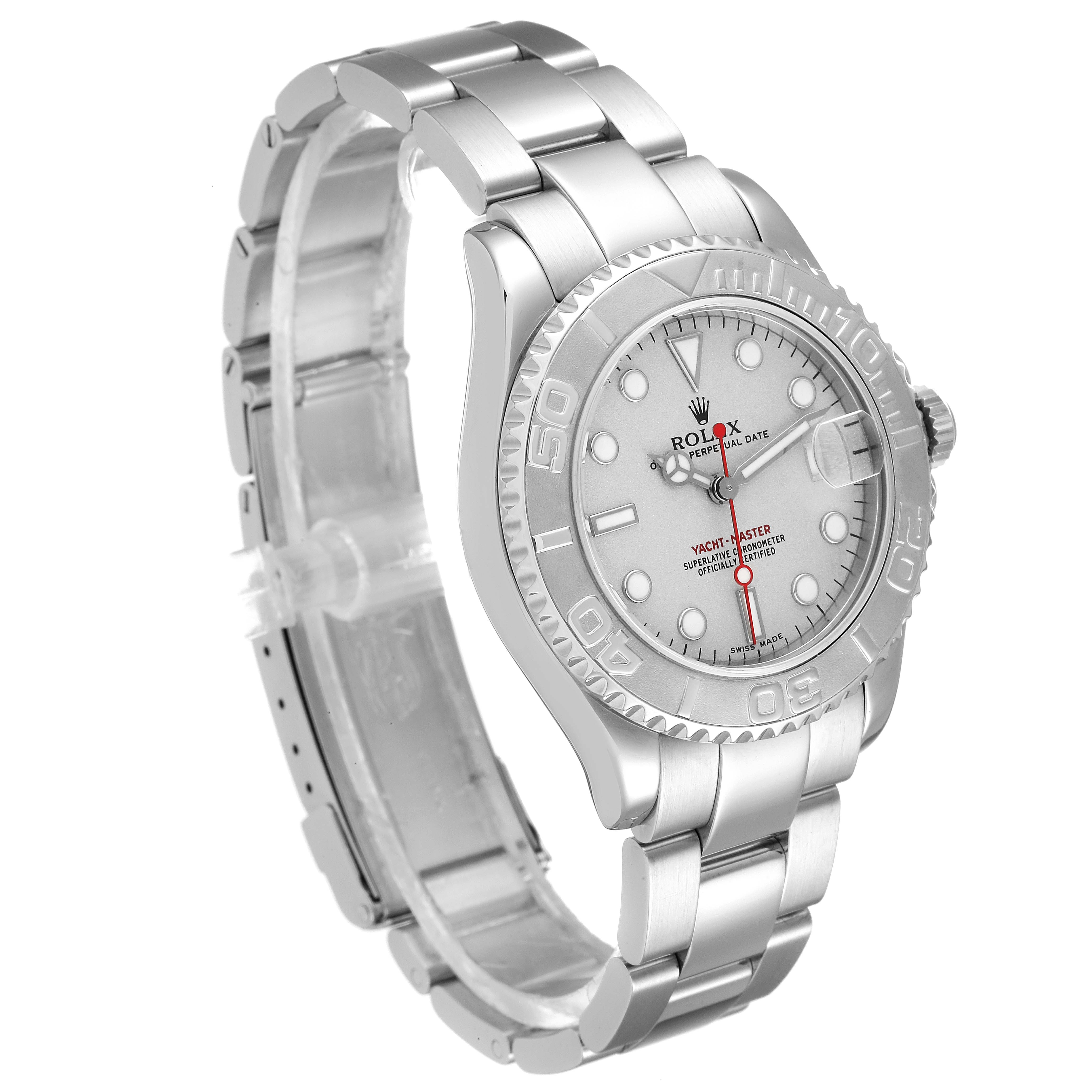 The image shows a Rolex Yacht-Master 168622 Men
s Stainless Steel Silver Dial 168622 Men
s Stainless Steel Silver Dial watch angled to display its face, bezel, and stainless steel bracelet.