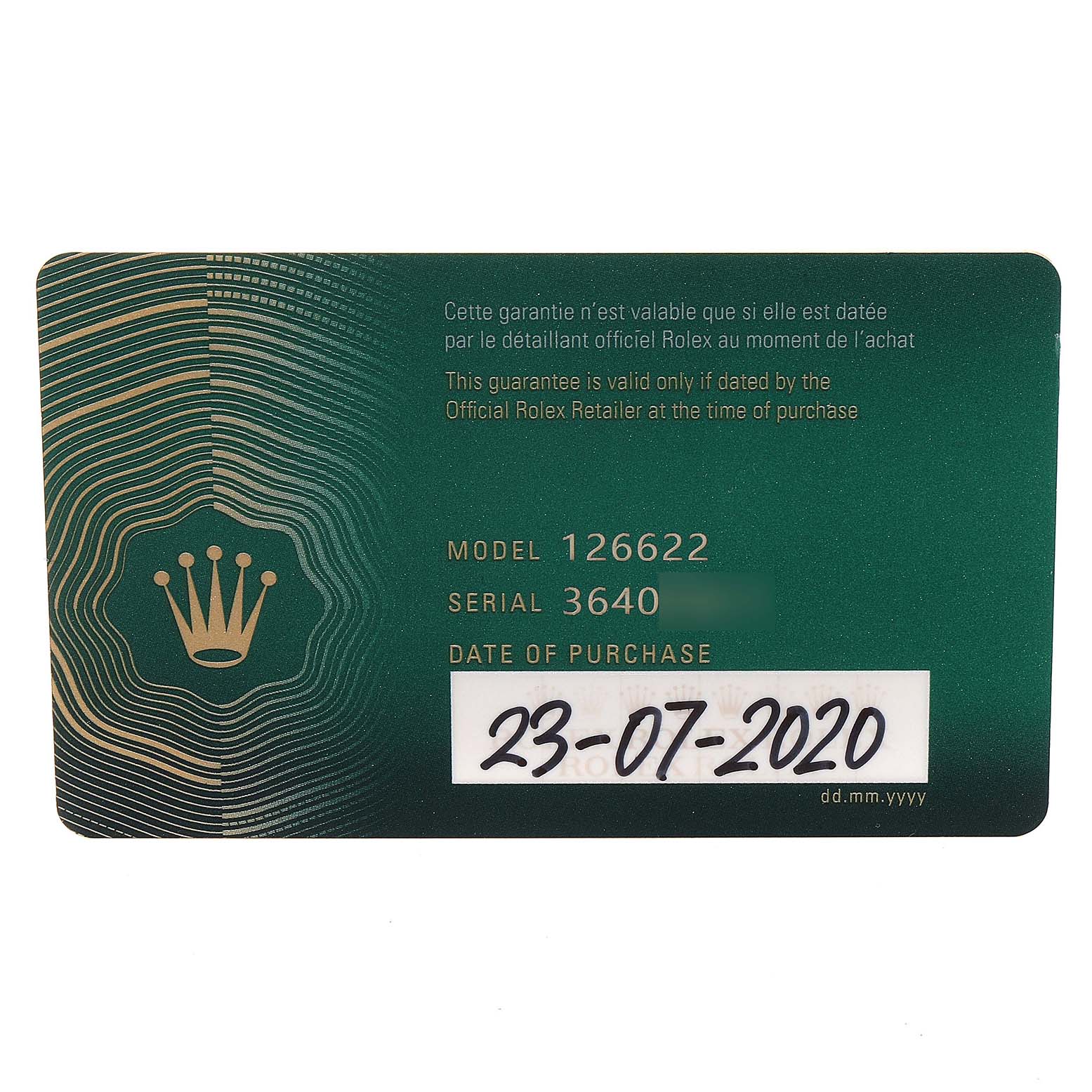 This image shows the green warranty card for the Rolex Yacht-Master 126622 Men's Stainless Steel Blue Dial 126622 Men's Stainless Steel Blue Dial model 126622, displaying serial number and purchase date.