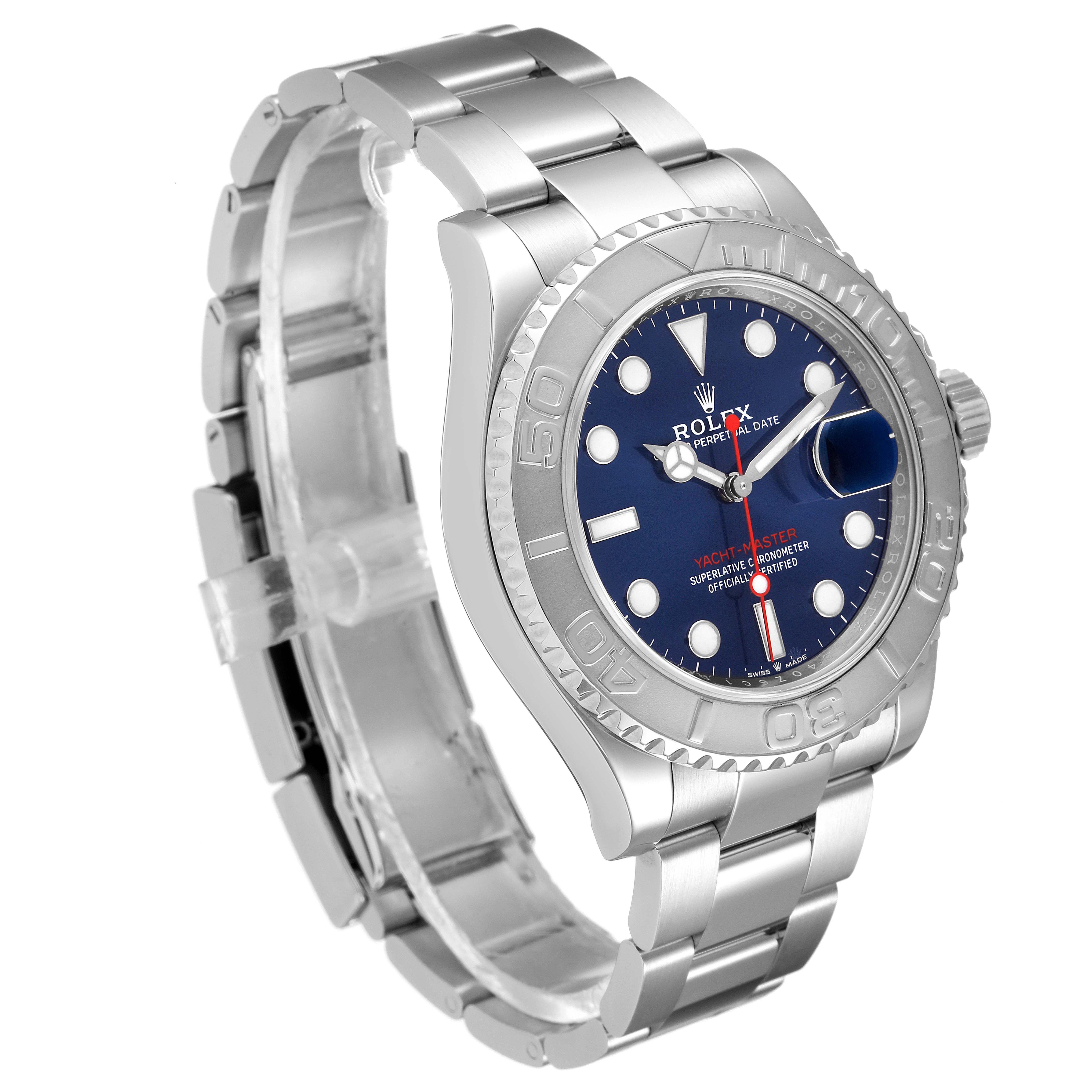 This Rolex Yacht-Master 126622 Men's Stainless Steel Blue Dial 126622 Men's Stainless Steel Blue Dial model is shown from a slight side angle, highlighting the watch face, bezel, and part of the metal bracelet.