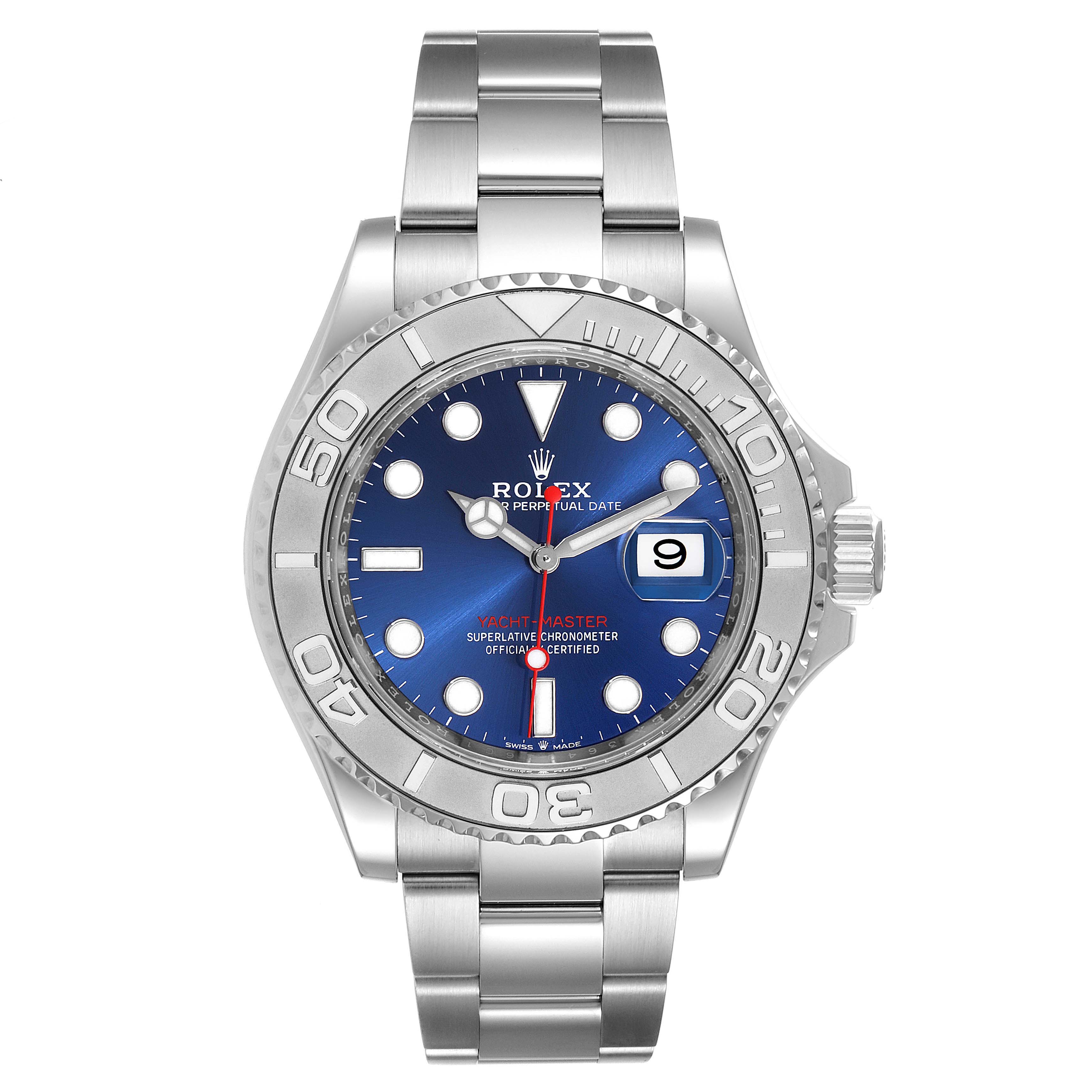 The image shows a front view of a Rolex Yacht-Master 126622 Men's Stainless Steel Blue Dial 126622 Men's Stainless Steel Blue Dial watch, highlighting its face, bezel, and bracelet.