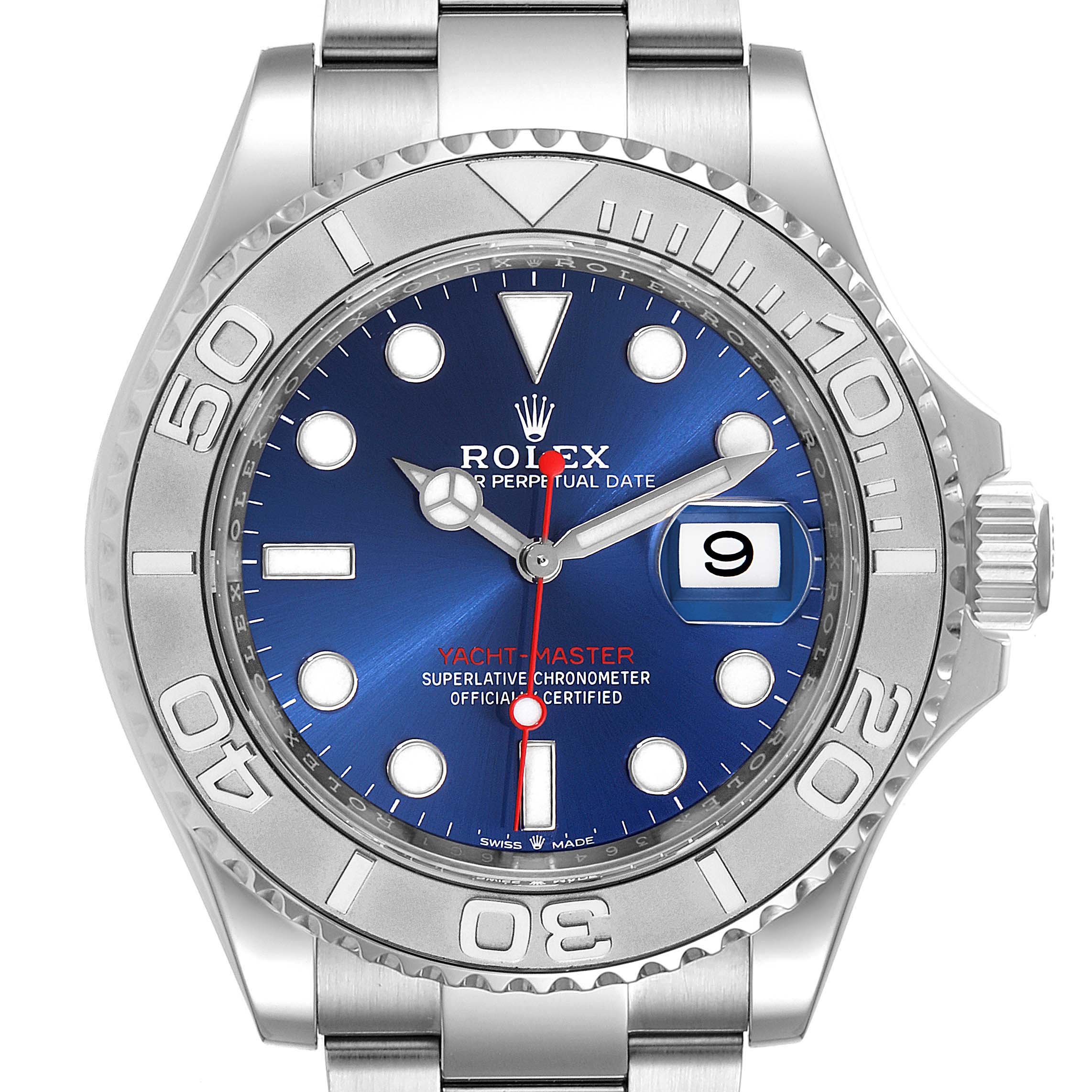 This image shows a front view of the Rolex Yacht-Master 126622 Men's Stainless Steel Blue Dial 126622 Men's Stainless Steel Blue Dial watch, displaying its bezel, dial, hands, and bracelet.