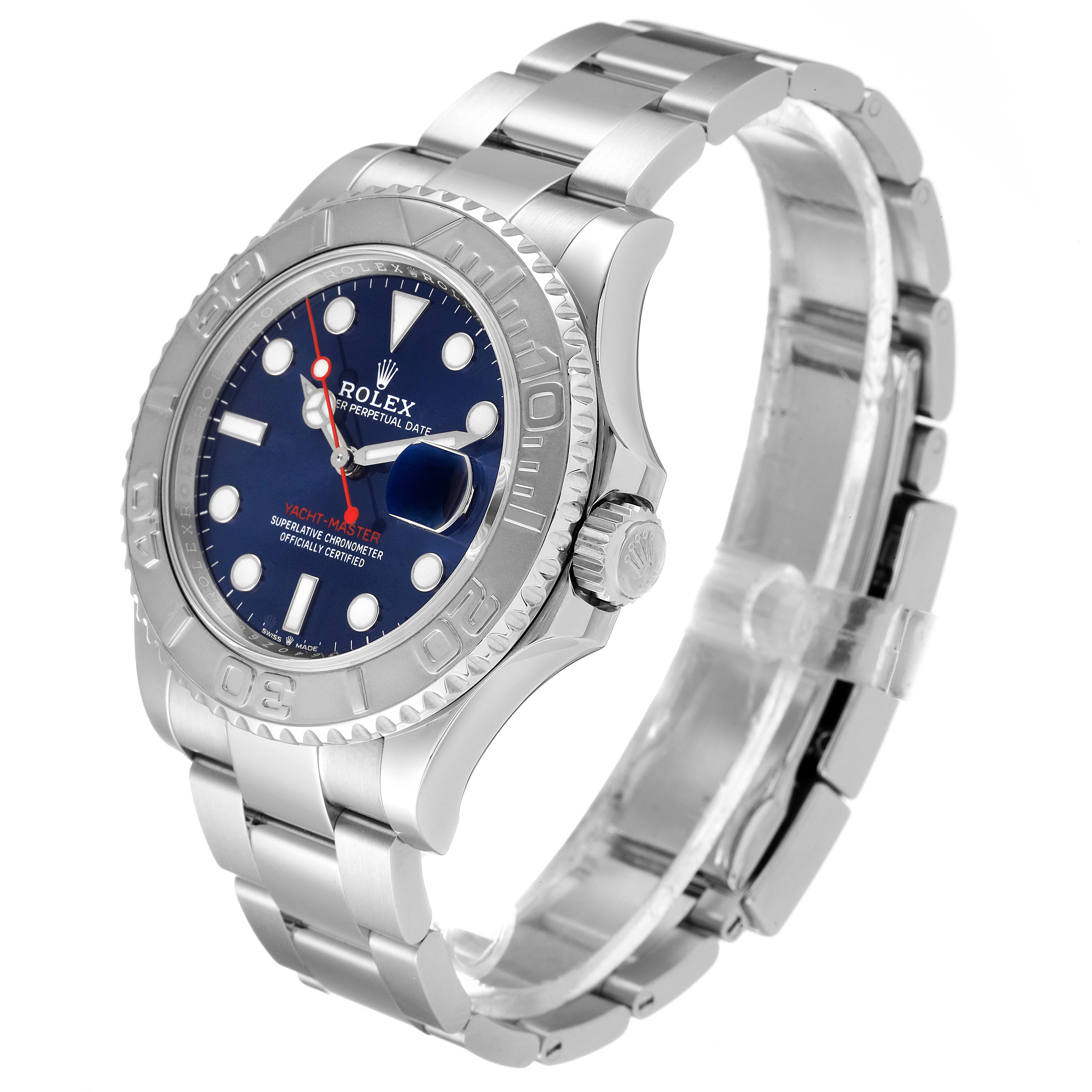 The image shows a side and front angle of a Rolex Yacht-Master 126622 Men's Stainless Steel Blue Dial 126622 Men's Stainless Steel Blue Dial watch, highlighting the bezel, dial, and bracelet.