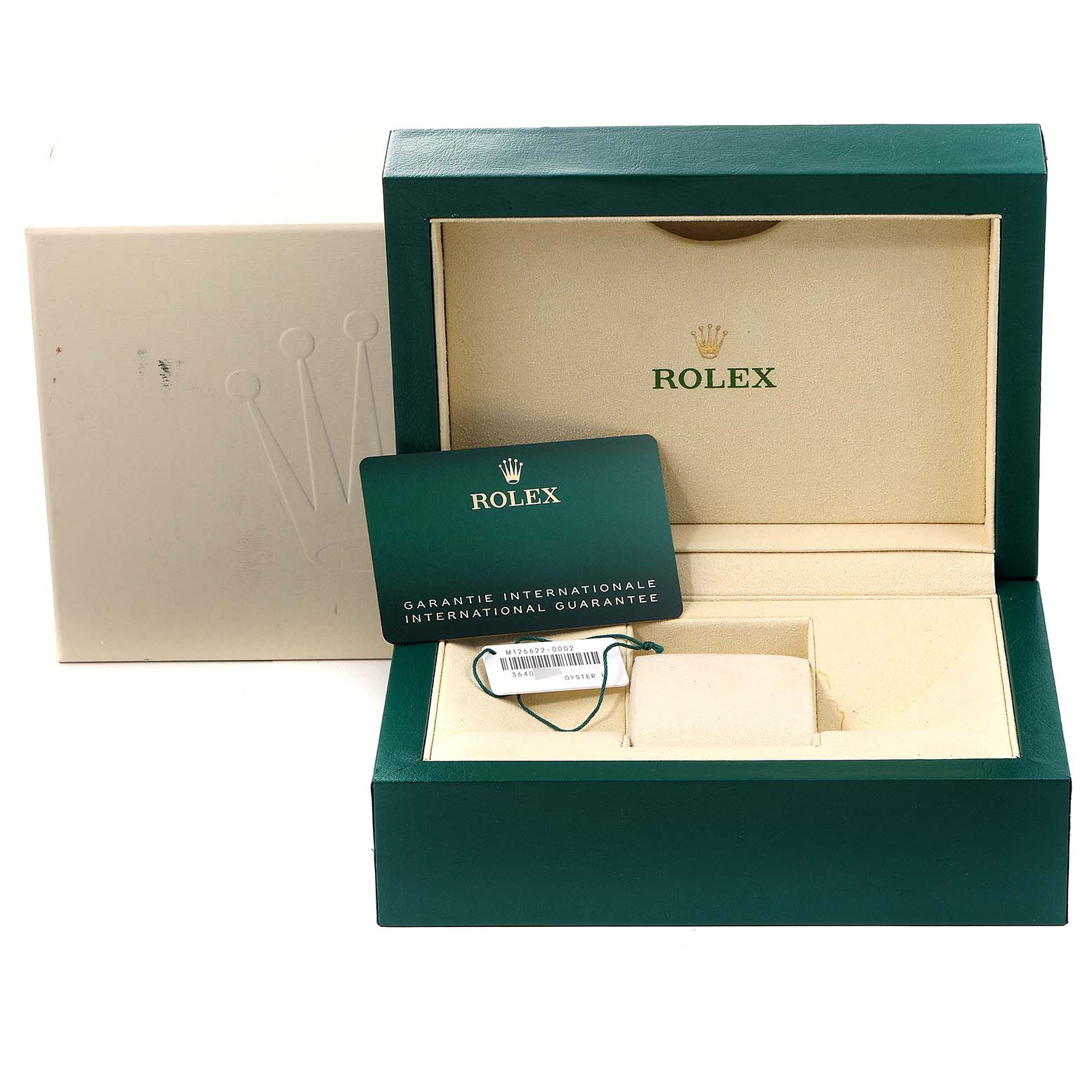 This image shows the open box, warranty card, and tag for the Rolex Yacht-Master 126622 Men's Stainless Steel Blue Dial 126622 Men's Stainless Steel Blue Dial watch.