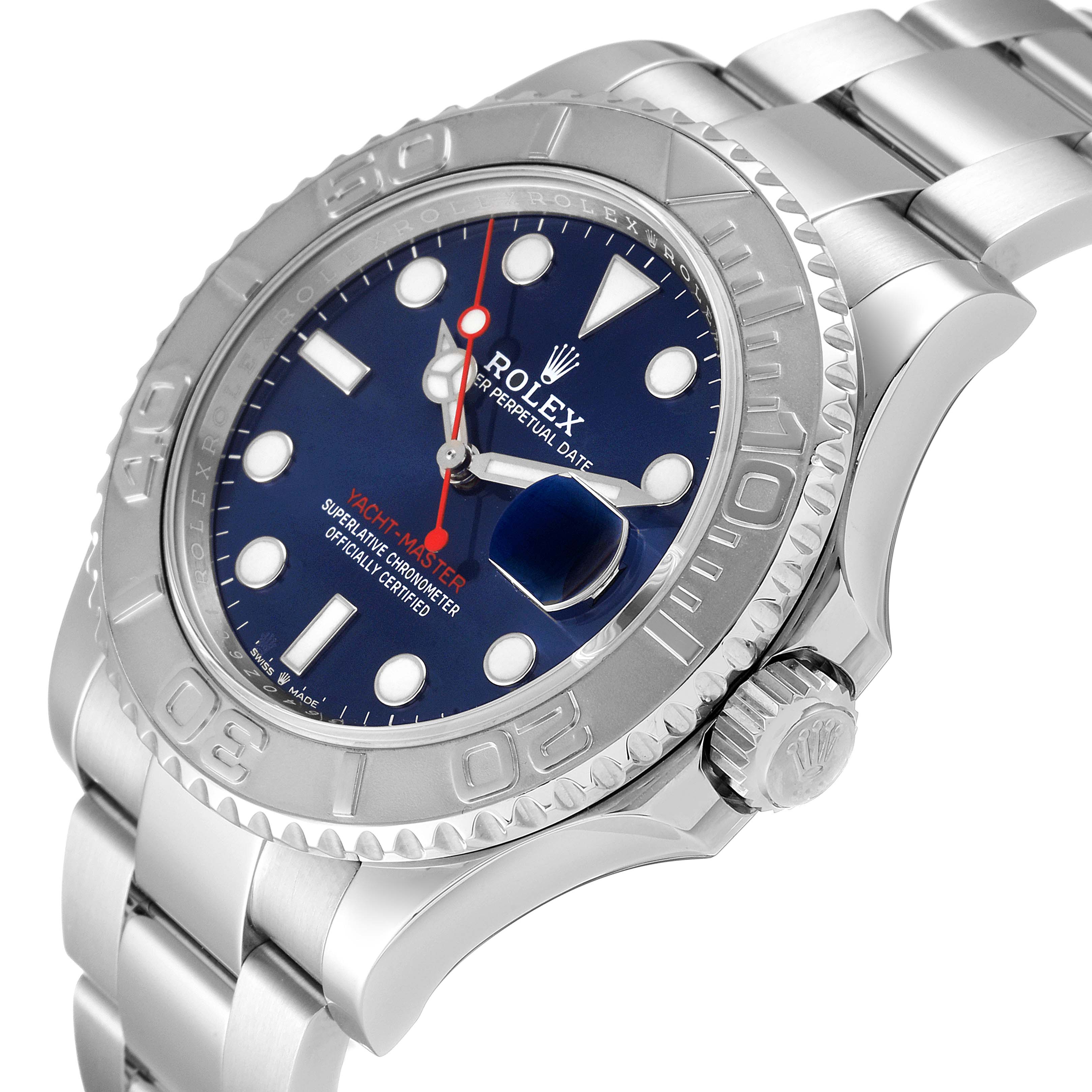 This Rolex Yacht-Master 126622 Men's Stainless Steel Blue Dial 126622 Men's Stainless Steel Blue Dial watch is shown at an angle, highlighting the face, bezel, crown, and part of the bracelet.