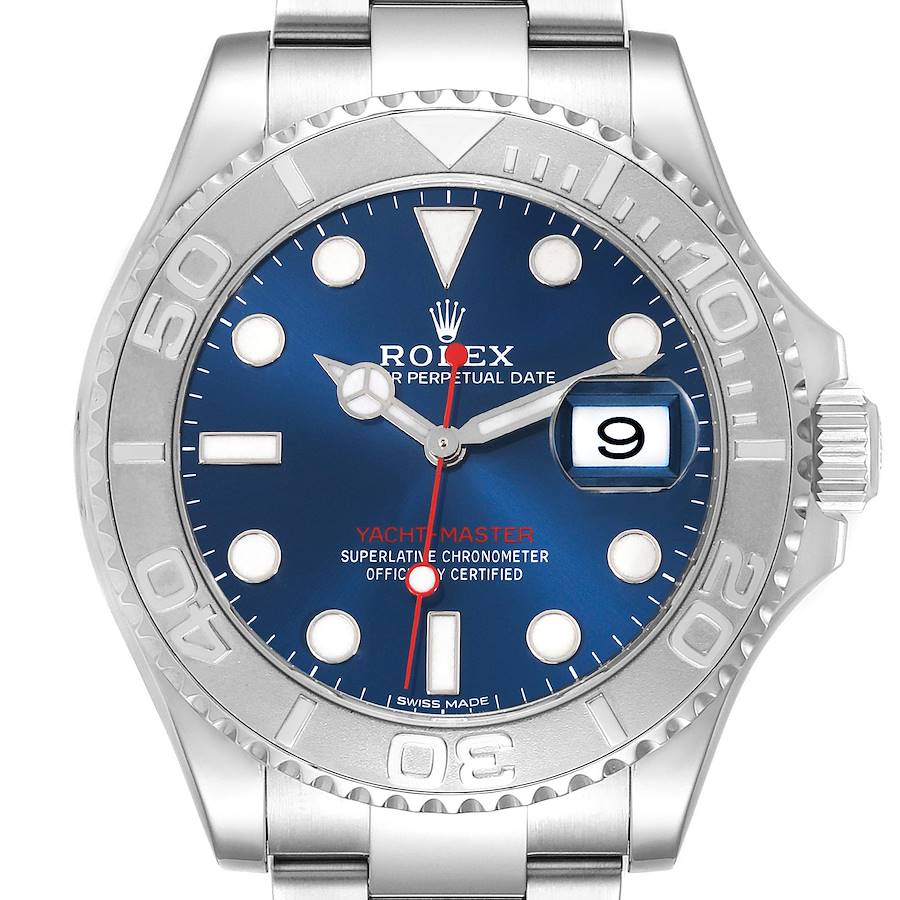 The image shows a front view of the Rolex Yacht-Master watch, highlighting the blue dial, bezel, and part of the bracelet.