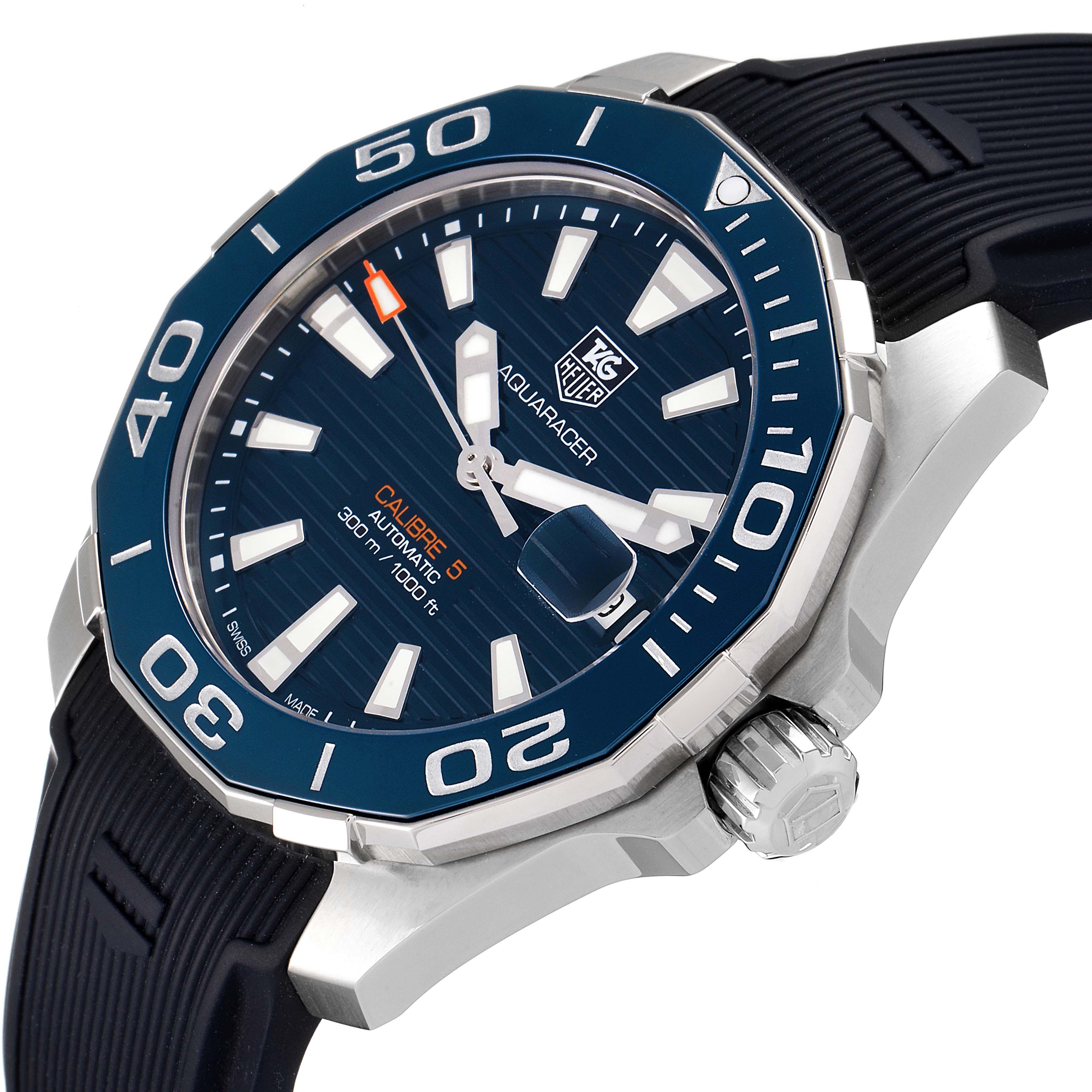 The image shows a Tag Heuer Aquaracer WAY211C-1 Men's Stainless Steel Blue Dial WAY211C-1 Men's Stainless Steel Blue Dial watch from an angled side view, displaying its face, crown, and part of the band.