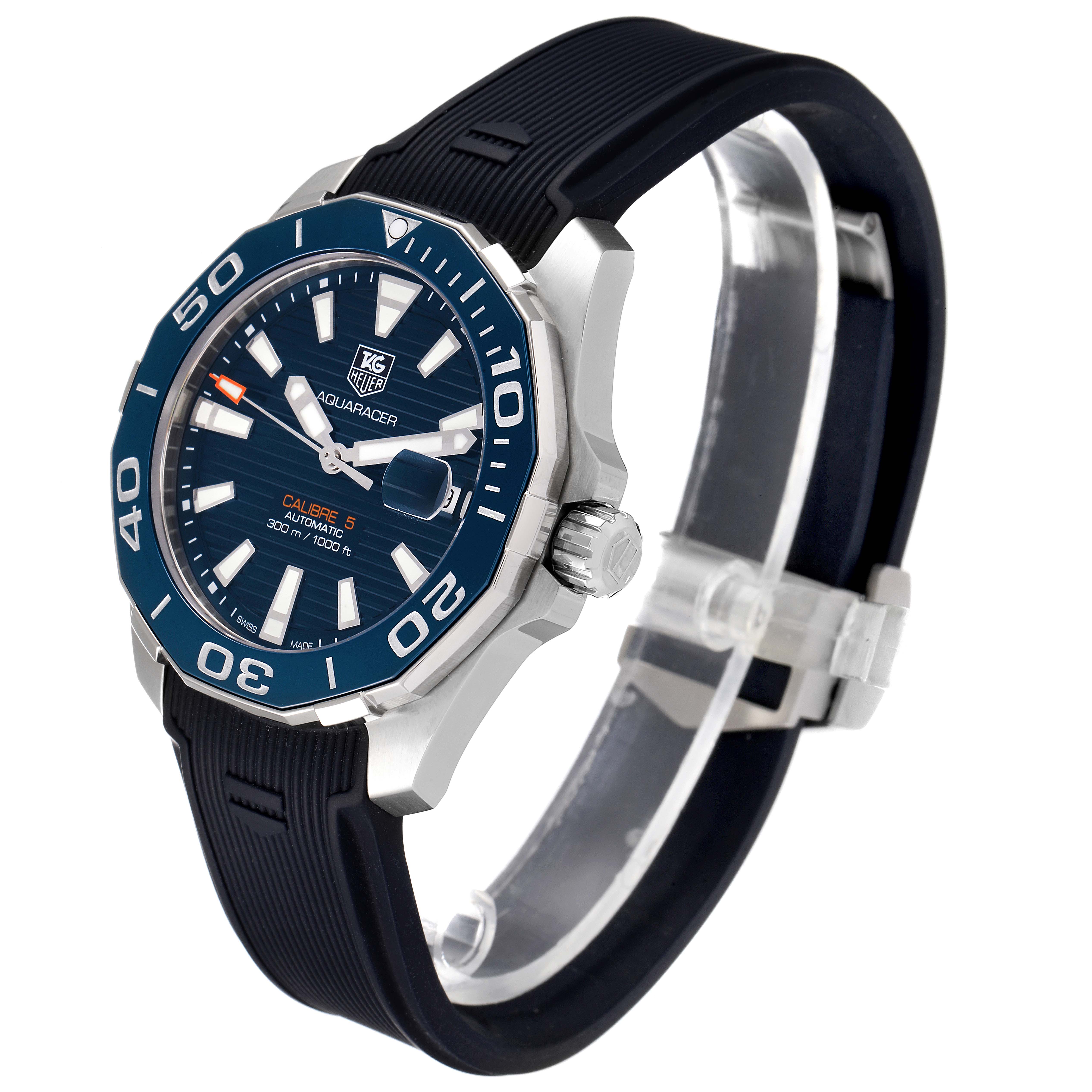 This image shows an angled view of a Tag Heuer Aquaracer WAY211C-1 Men's Stainless Steel Blue Dial WAY211C-1 Men's Stainless Steel Blue Dial watch, highlighting the face, bezel, crown, and strap.