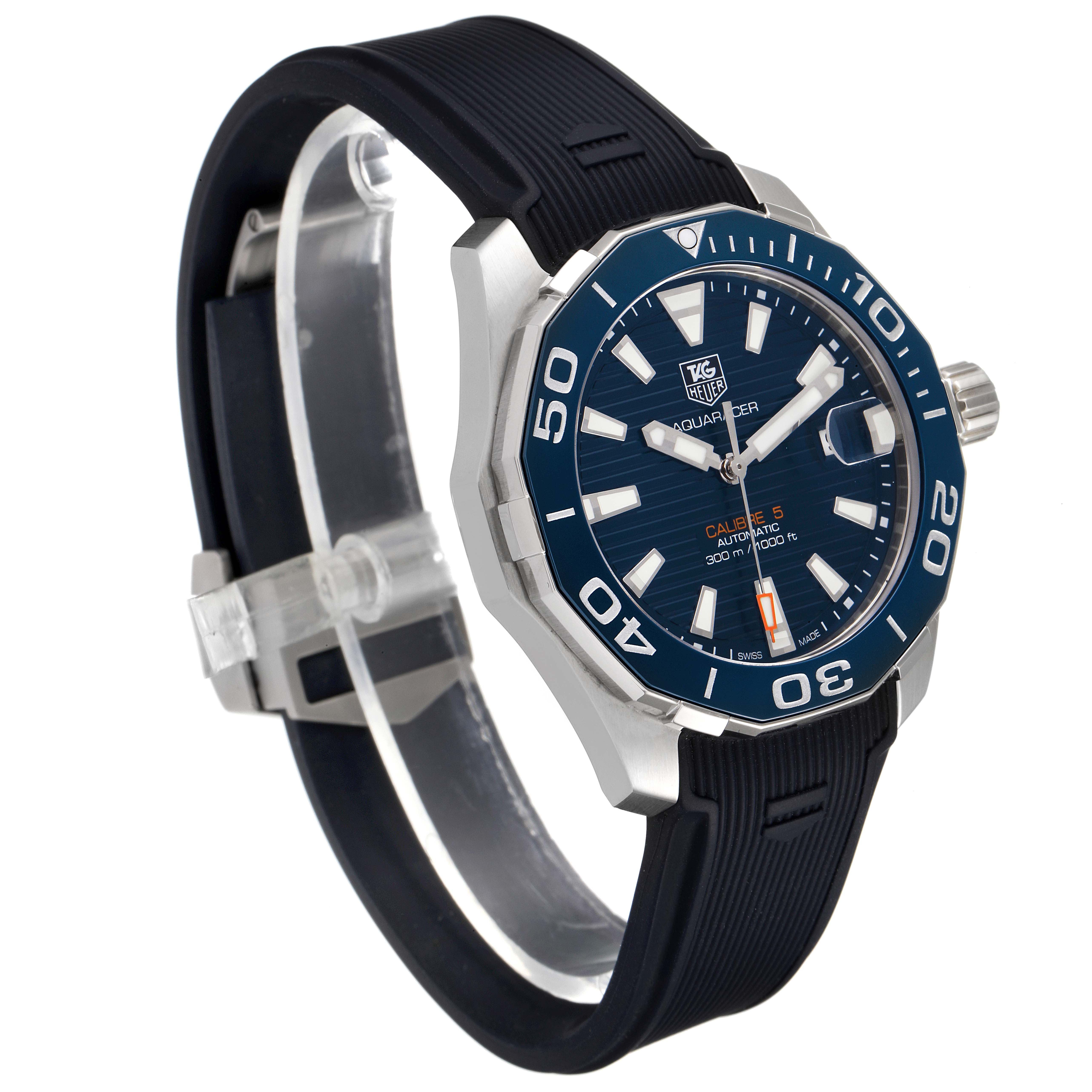 The Tag Heuer Aquaracer WAY211C-1 Men's Stainless Steel Blue Dial WAY211C-1 Men's Stainless Steel Blue Dial watch is shown at a three-quarter angle, displaying its dial, bezel, crown, and strap.