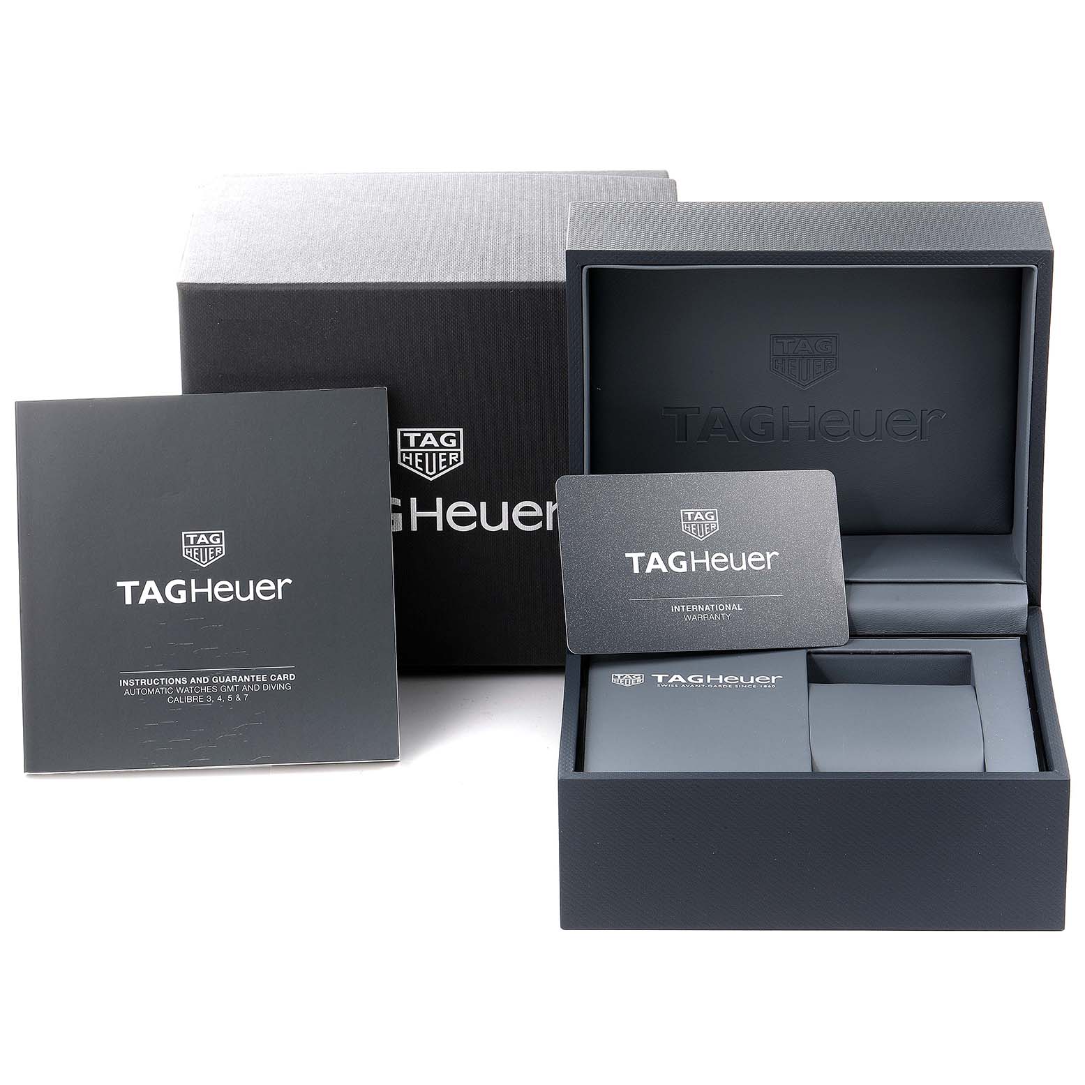 The image displays the box, warranty card, and manuals for the Tag Heuer Aquaracer WAY211C-1 Men's Stainless Steel Blue Dial WAY211C-1 Men's Stainless Steel Blue Dial watch.