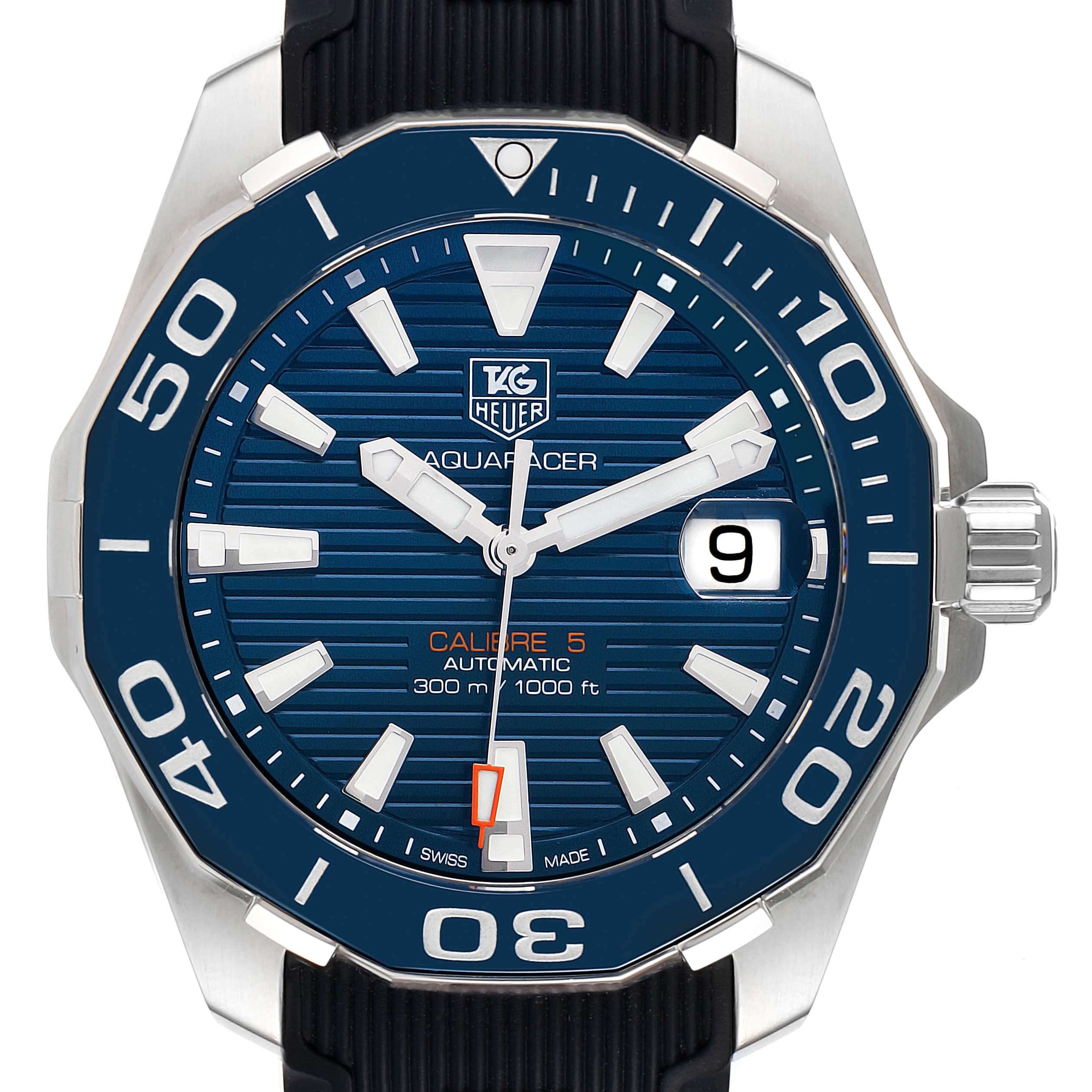 The image shows a front view of a Tag Heuer Aquaracer WAY211C-1 Men's Stainless Steel Blue Dial WAY211C-1 Men's Stainless Steel Blue Dial watch, highlighting its blue dial, bezel, hands, and date window.