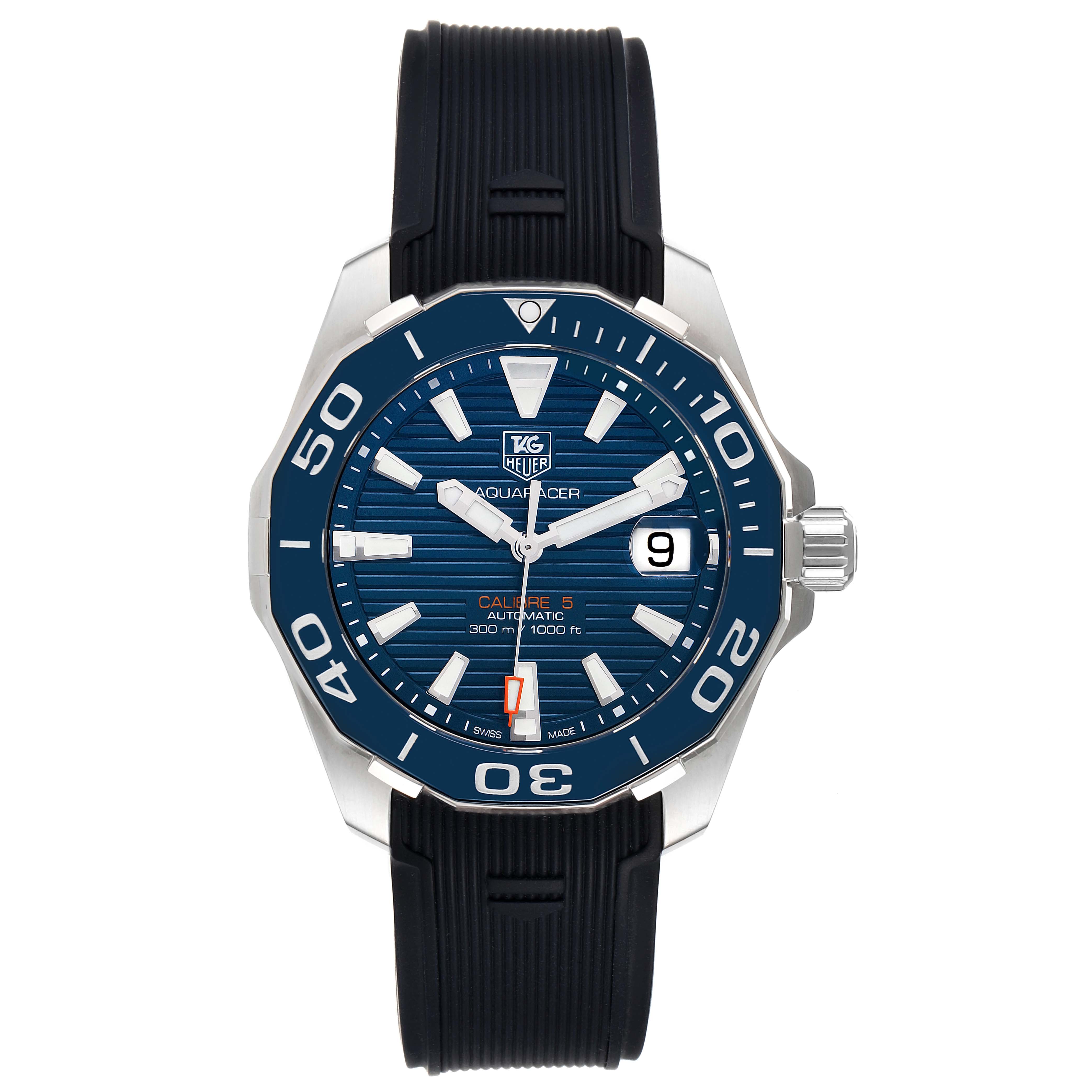 The image shows a front view of the Tag Heuer Aquaracer WAY211C-1 Men's Stainless Steel Blue Dial WAY211C-1 Men's Stainless Steel Blue Dial watch, highlighting its dial, bezel, and rubber strap.