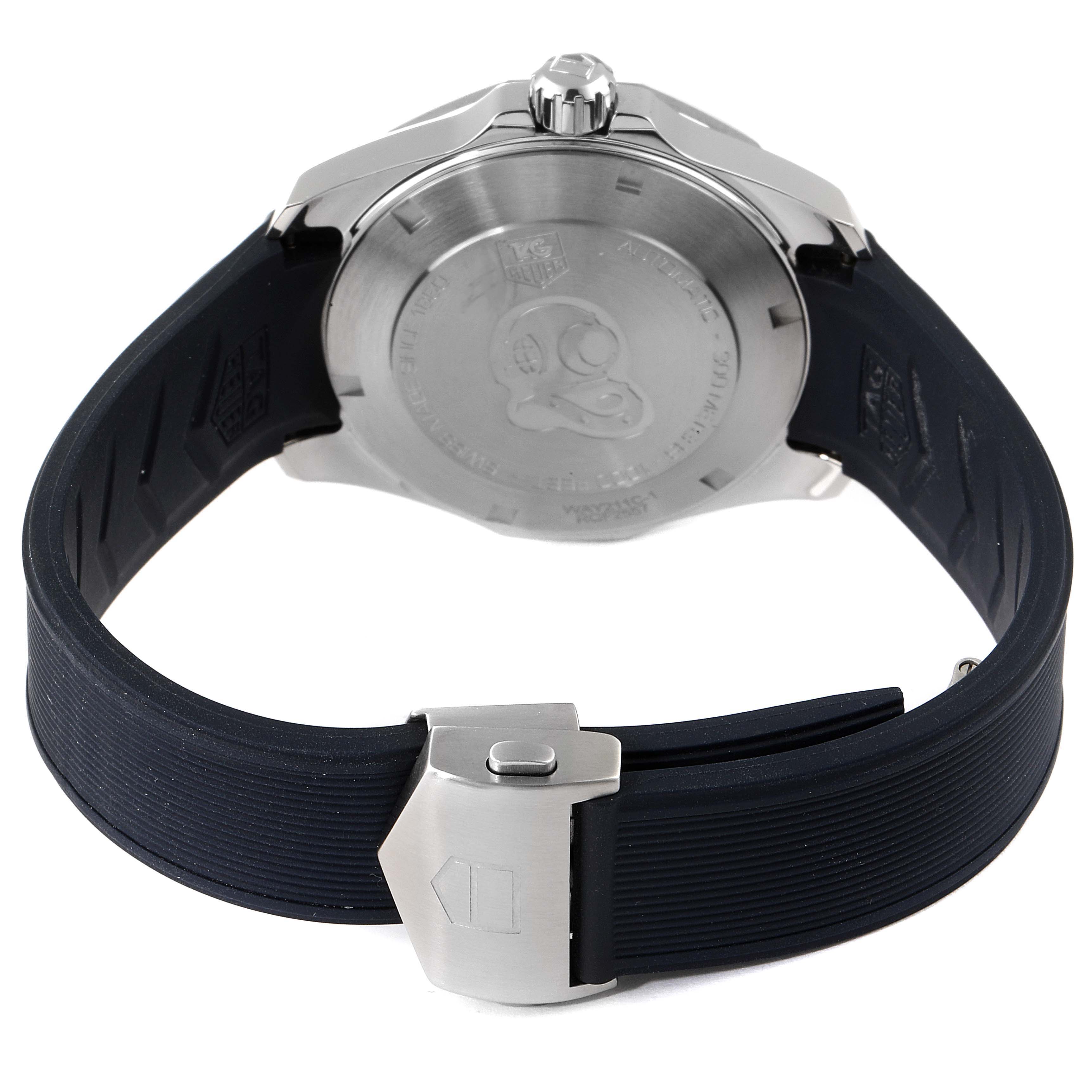 The image shows the back case and strap of a Tag Heuer Aquaracer WAY211C-1 Men's Stainless Steel Blue Dial WAY211C-1 Men's Stainless Steel Blue Dial watch, viewed from behind.