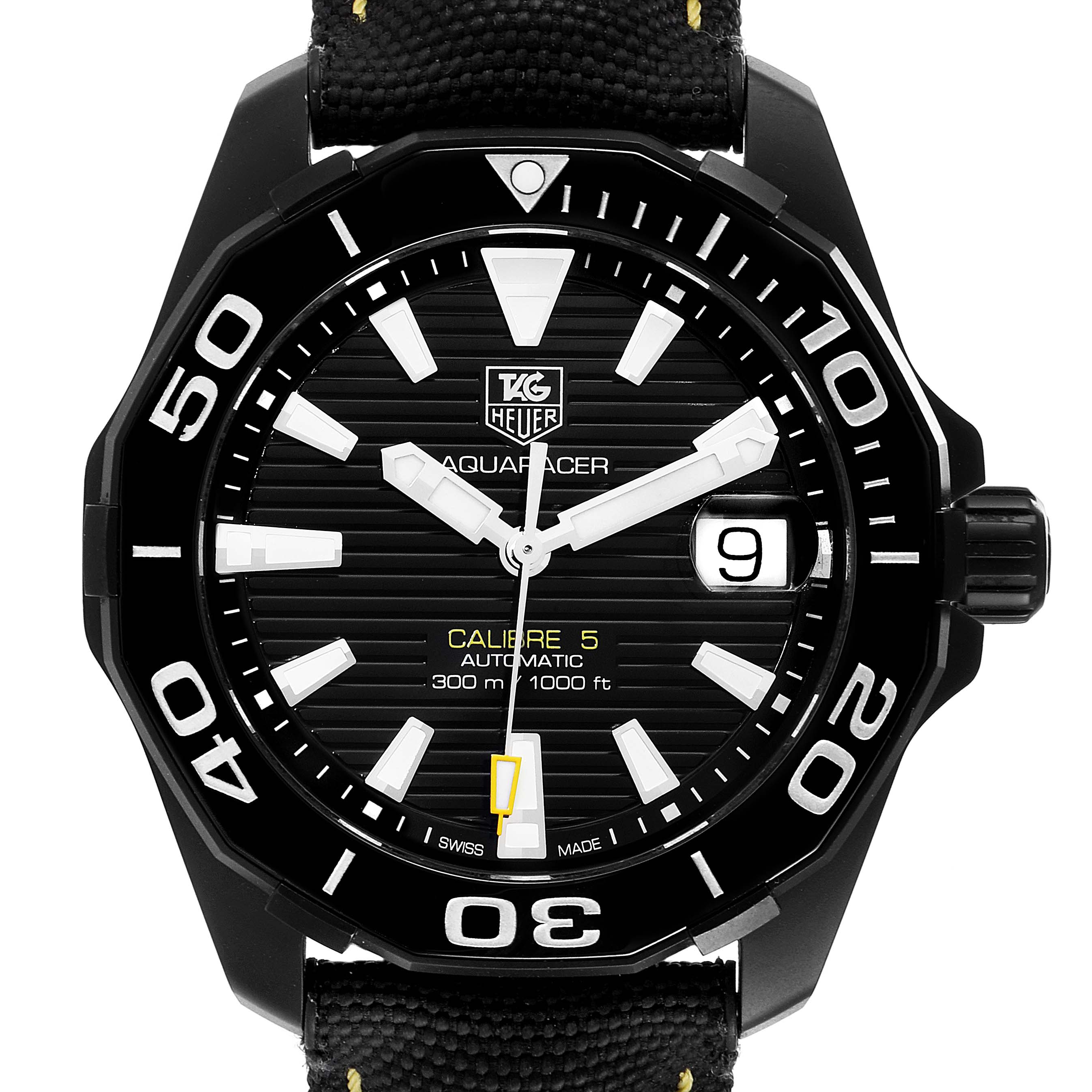 The image shows a close-up front view of the Tag Heuer Aquaracer WAY218A.FC6362 Men's Stainless Steel Black Dial WAY218A.FC6362 Men's Stainless Steel Black Dial watch face and bezel.