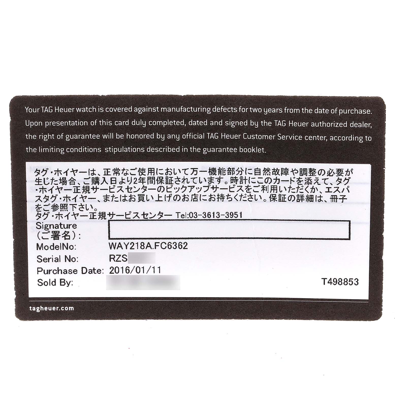 The image shows a warranty card at a top-down angle for the Tag Heuer Aquaracer WAY218A.FC6362 Men's Stainless Steel Black Dial WAY218A.FC6362 Men's Stainless Steel Black Dial model WAY218A.FC6362.
