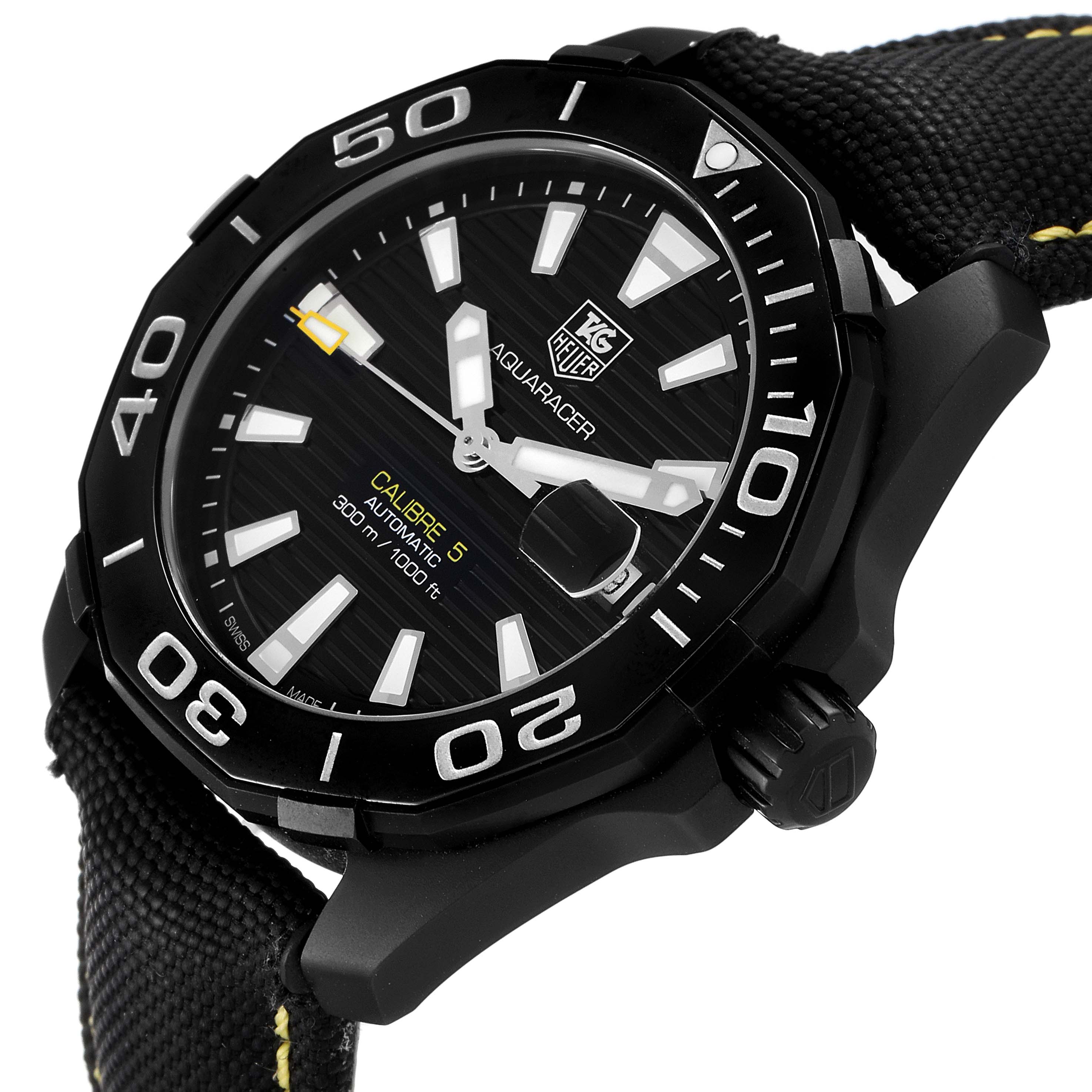 The image shows a Tag Heuer Aquaracer WAY218A.FC6362 Men's Stainless Steel Black Dial WAY218A.FC6362 Men's Stainless Steel Black Dial watch at an angle highlighting the face, bezel, and part of the strap.