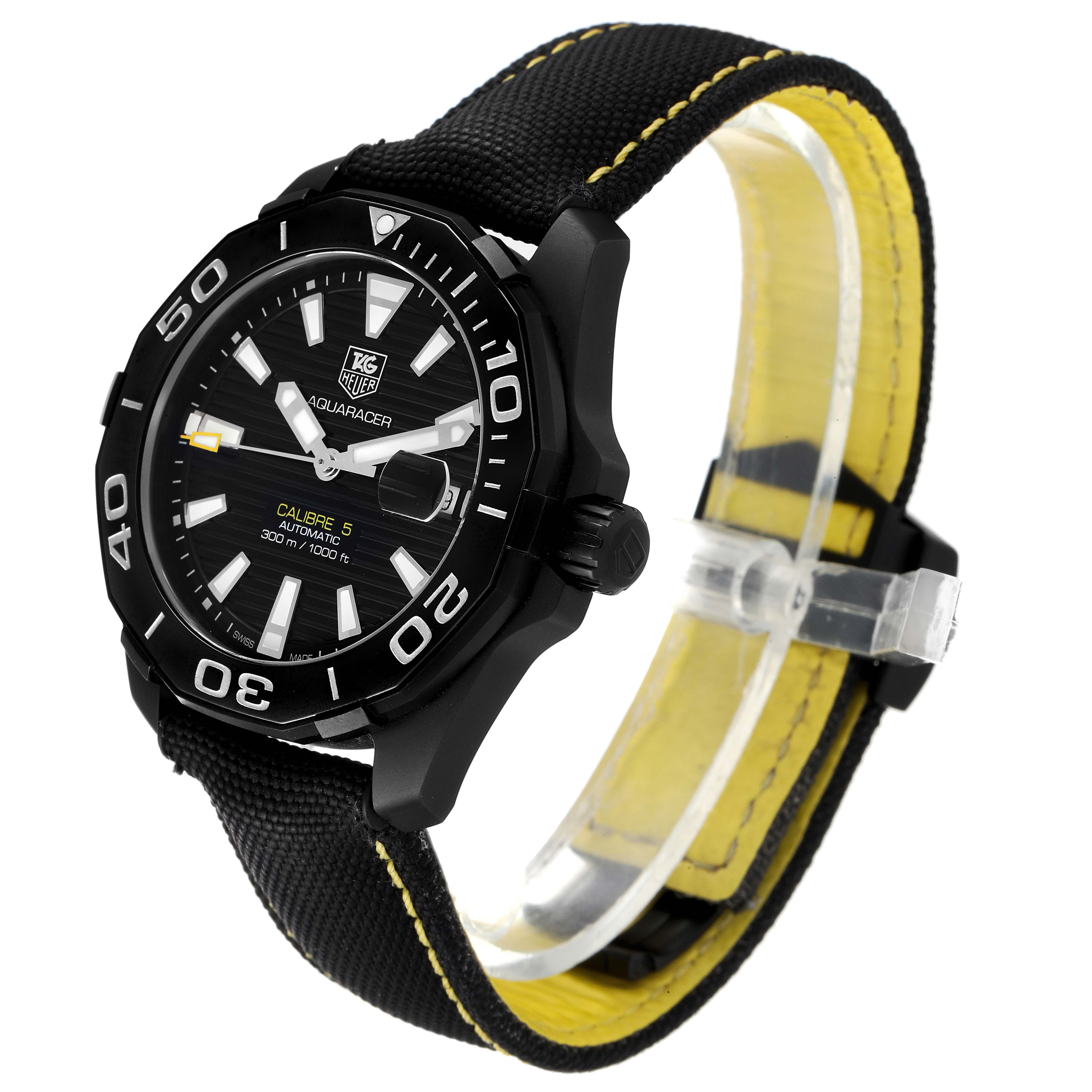 The image shows a side angle of the Tag Heuer Aquaracer WAY218A.FC6362 Men's Stainless Steel Black Dial WAY218A.FC6362 Men's Stainless Steel Black Dial watch, displaying the dial, bezel, crown, and strap.