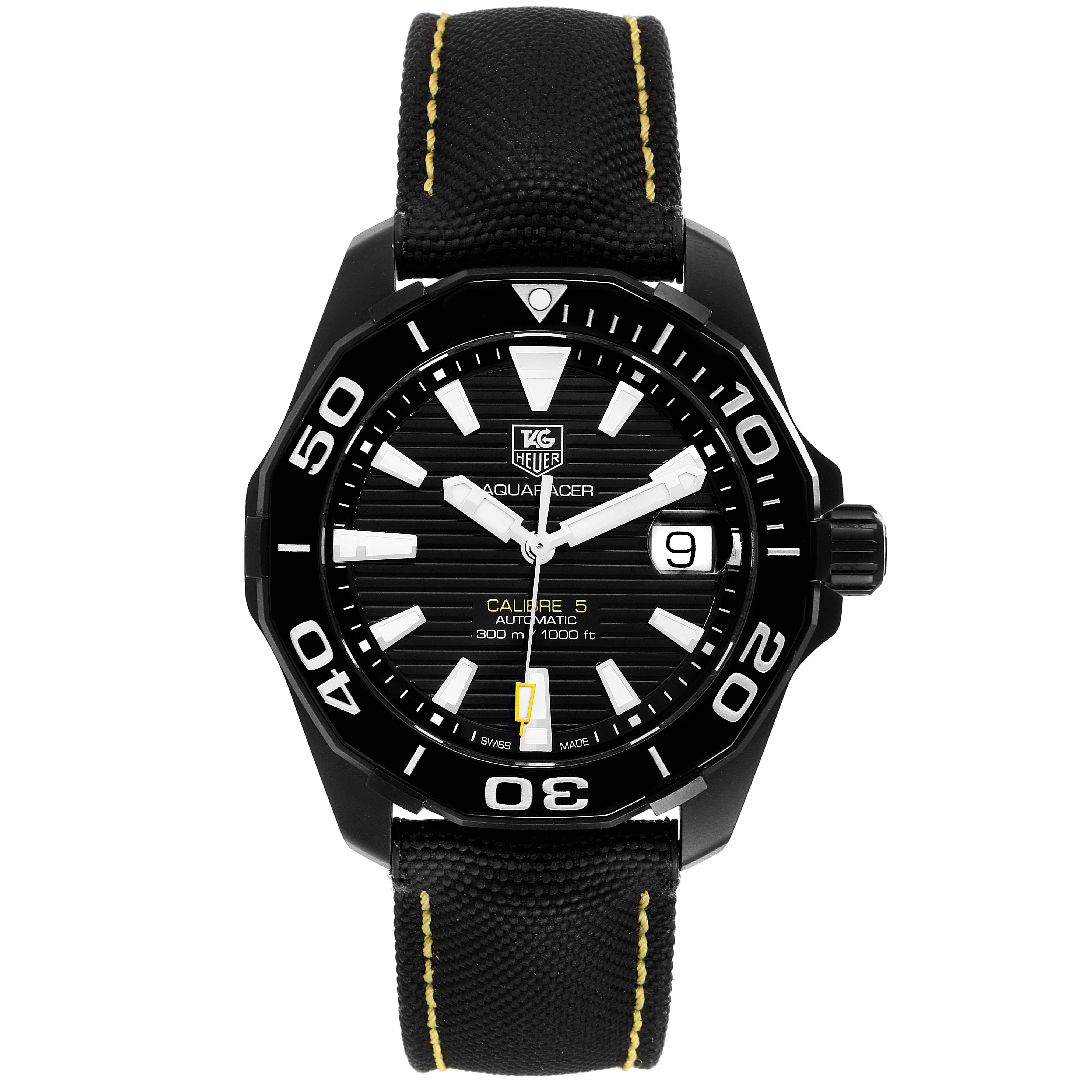 The Tag Heuer Aquaracer WAY218A.FC6362 Men's Stainless Steel Black Dial WAY218A.FC6362 Men's Stainless Steel Black Dial model is shown from a front angle, displaying the watch face, bezel, dial, and strap.