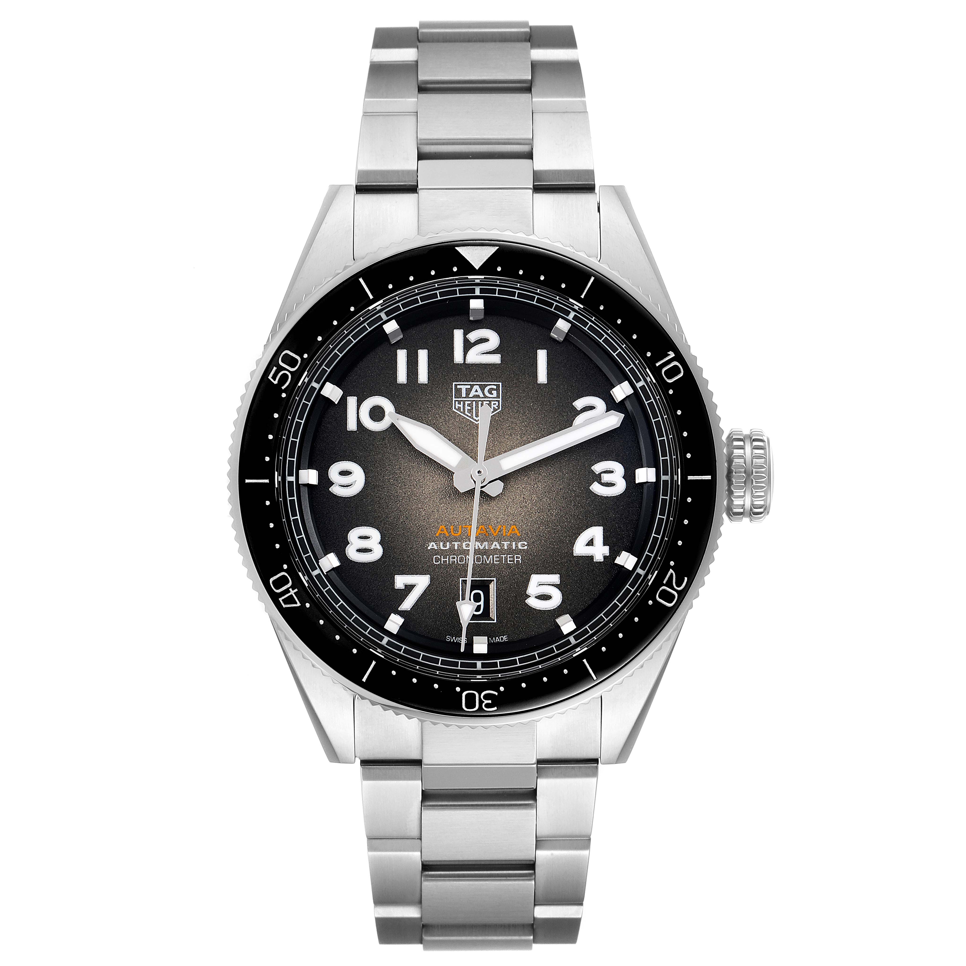 This image shows a front view of a Tag Heuer Autavia WBE5114.EB0173 Men's Stainless Steel Brown Dial WBE5114.EB0173 Men's Stainless Steel Brown Dial watch, displaying its dial, bezel, and metal bracelet.