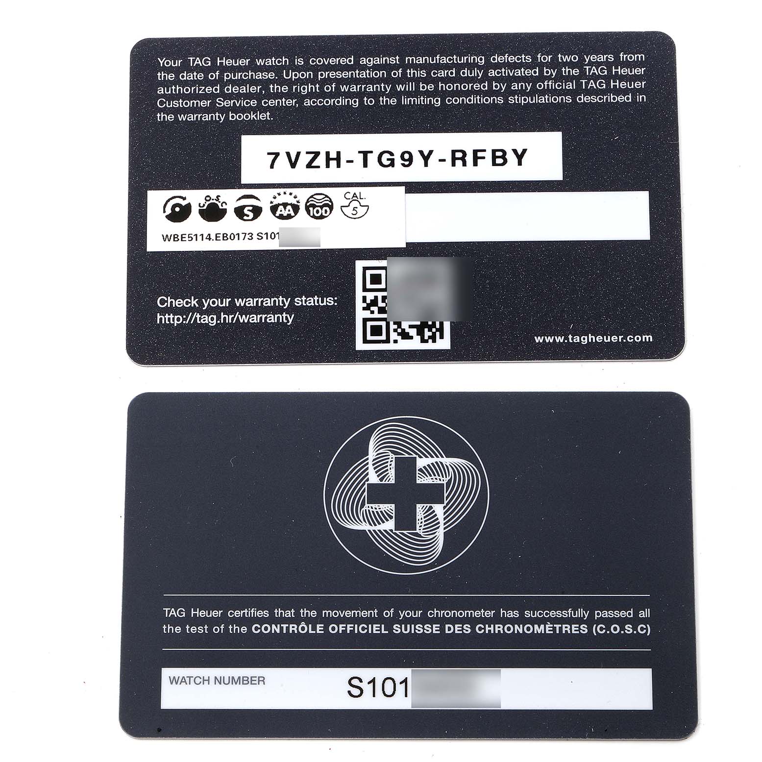 The image shows the warranty cards for a Tag Heuer Autavia WBE5114.EB0173 Men's Stainless Steel Brown Dial WBE5114.EB0173 Men's Stainless Steel Brown Dial watch.
