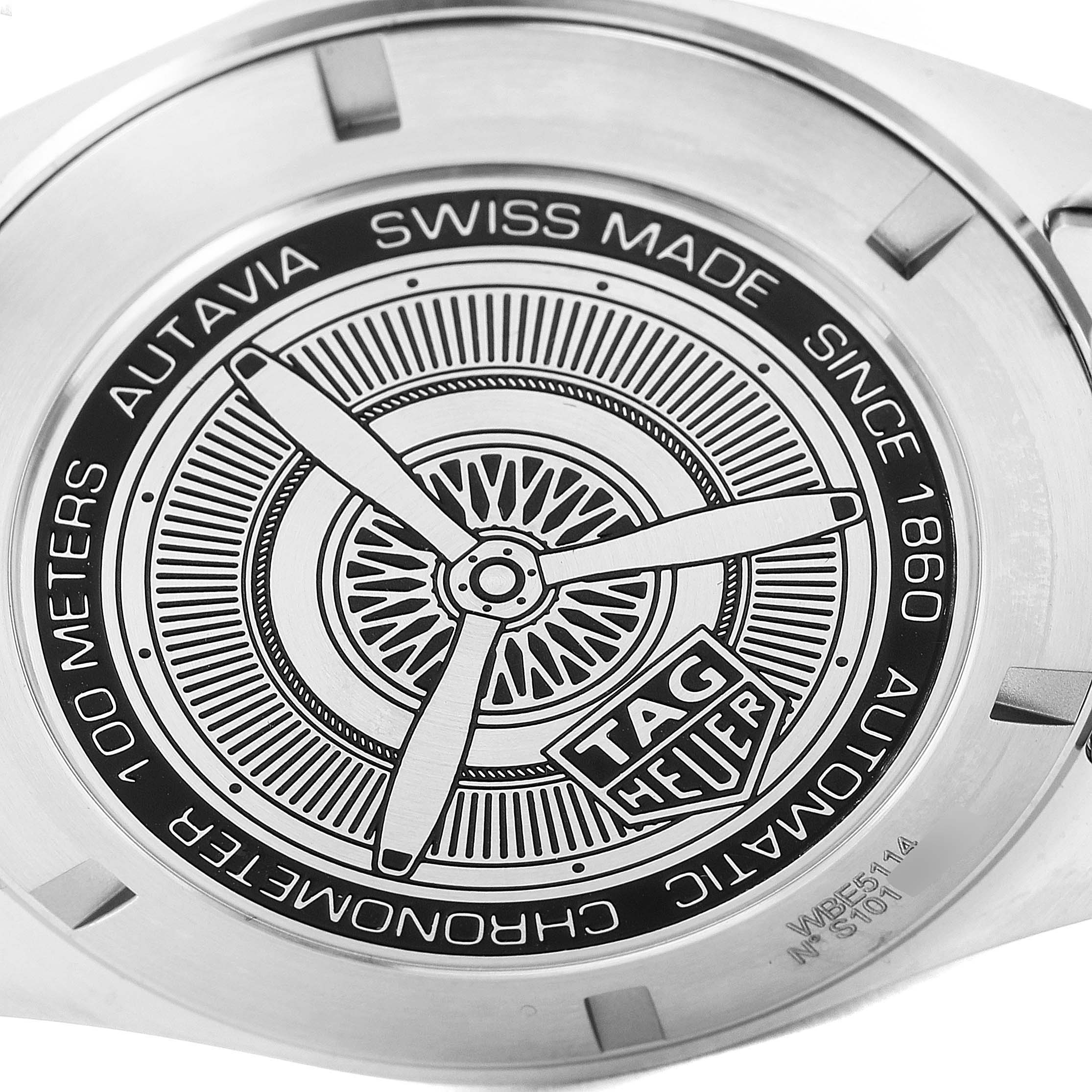 This image shows the case back of the Tag Heuer Autavia WBE5114.EB0173 Men's Stainless Steel Brown Dial WBE5114.EB0173 Men's Stainless Steel Brown Dial watch, displaying the brand name, water resistance, and model details.