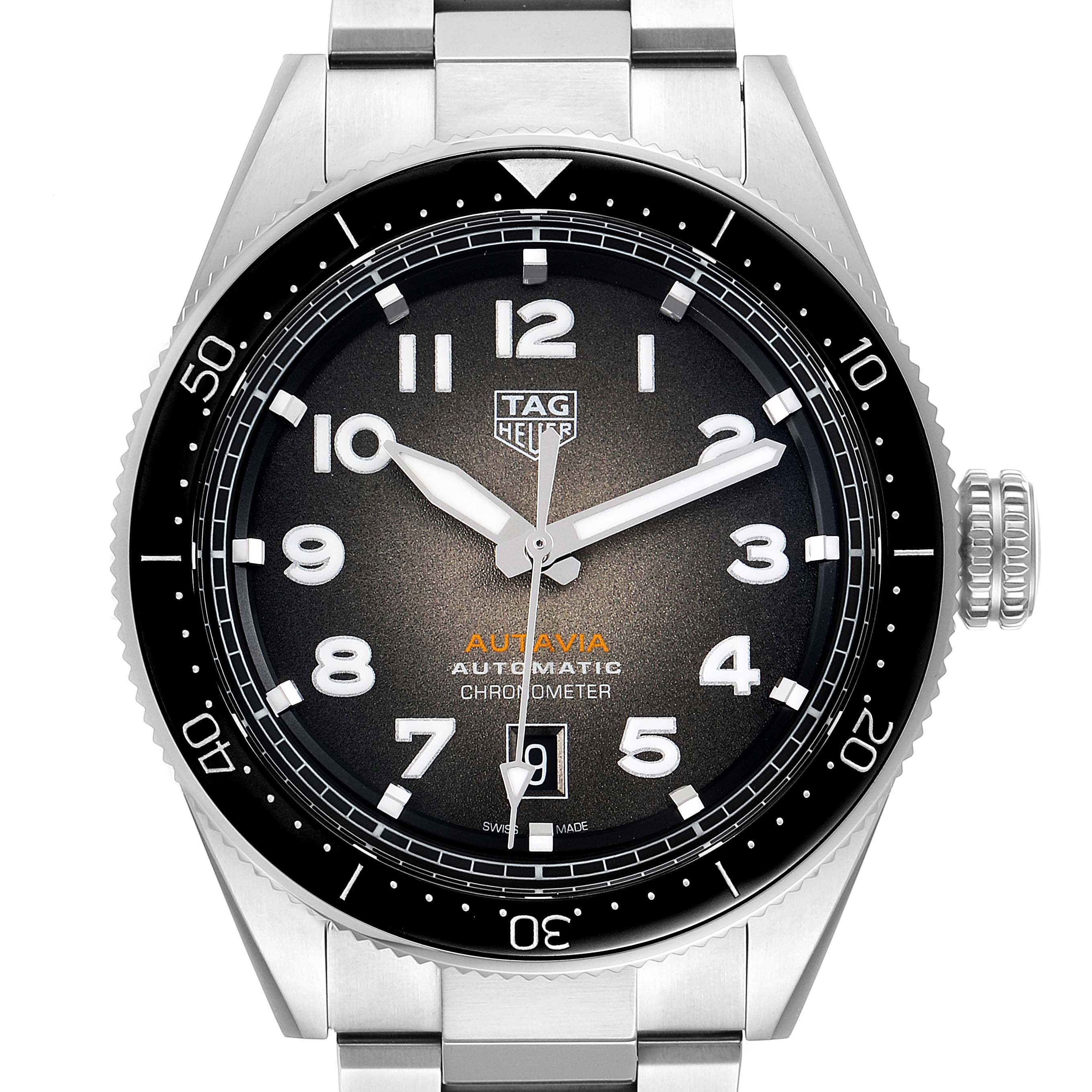 The image shows the Tag Heuer Autavia WBE5114.EB0173 Men's Stainless Steel Brown Dial WBE5114.EB0173 Men's Stainless Steel Brown Dial model watch from a front angle, highlighting its dial, bezel, and crown.