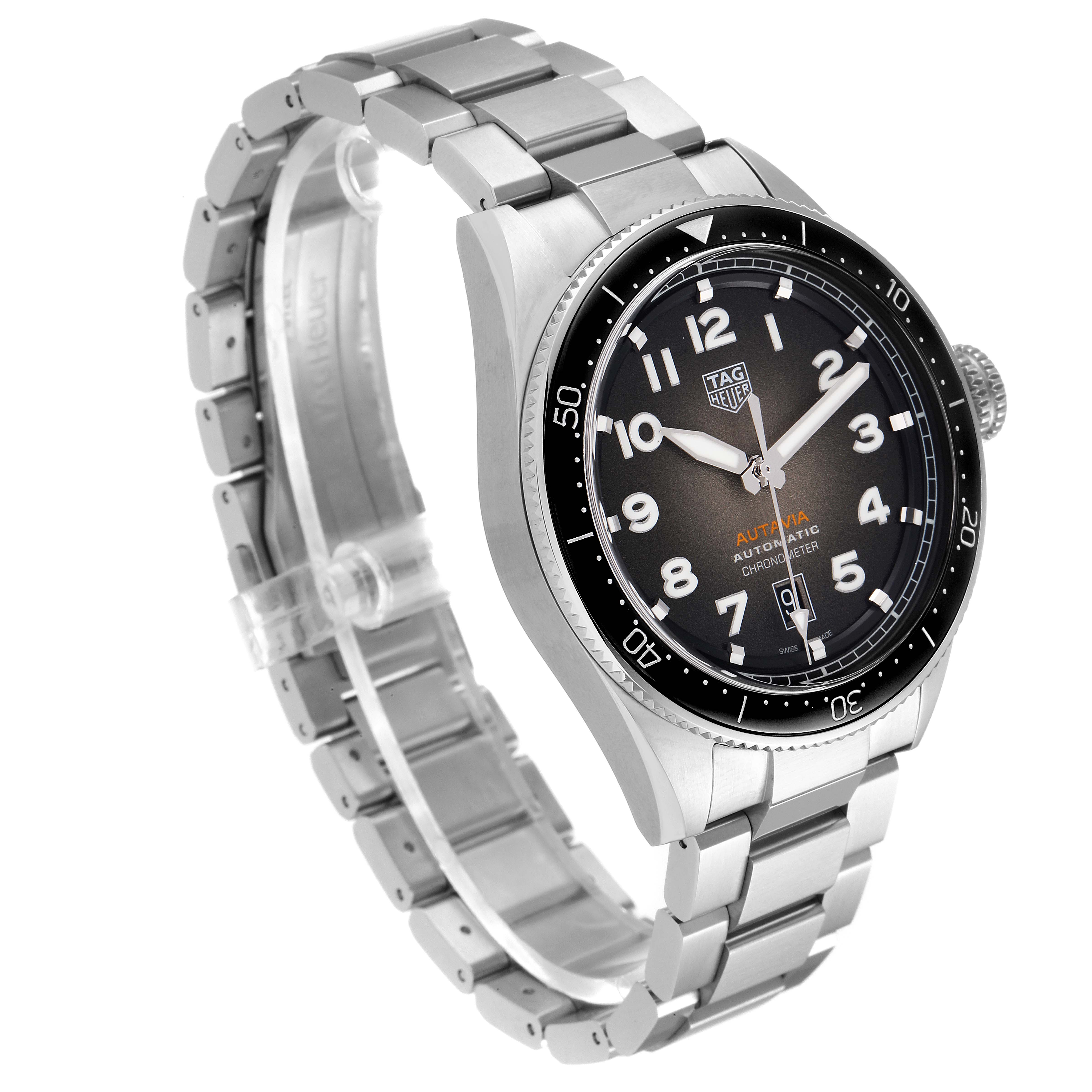 The image shows a side angle view of the Tag Heuer Autavia WBE5114.EB0173 Men's Stainless Steel Brown Dial WBE5114.EB0173 Men's Stainless Steel Brown Dial watch, displaying the face, bezel, and bracelet.