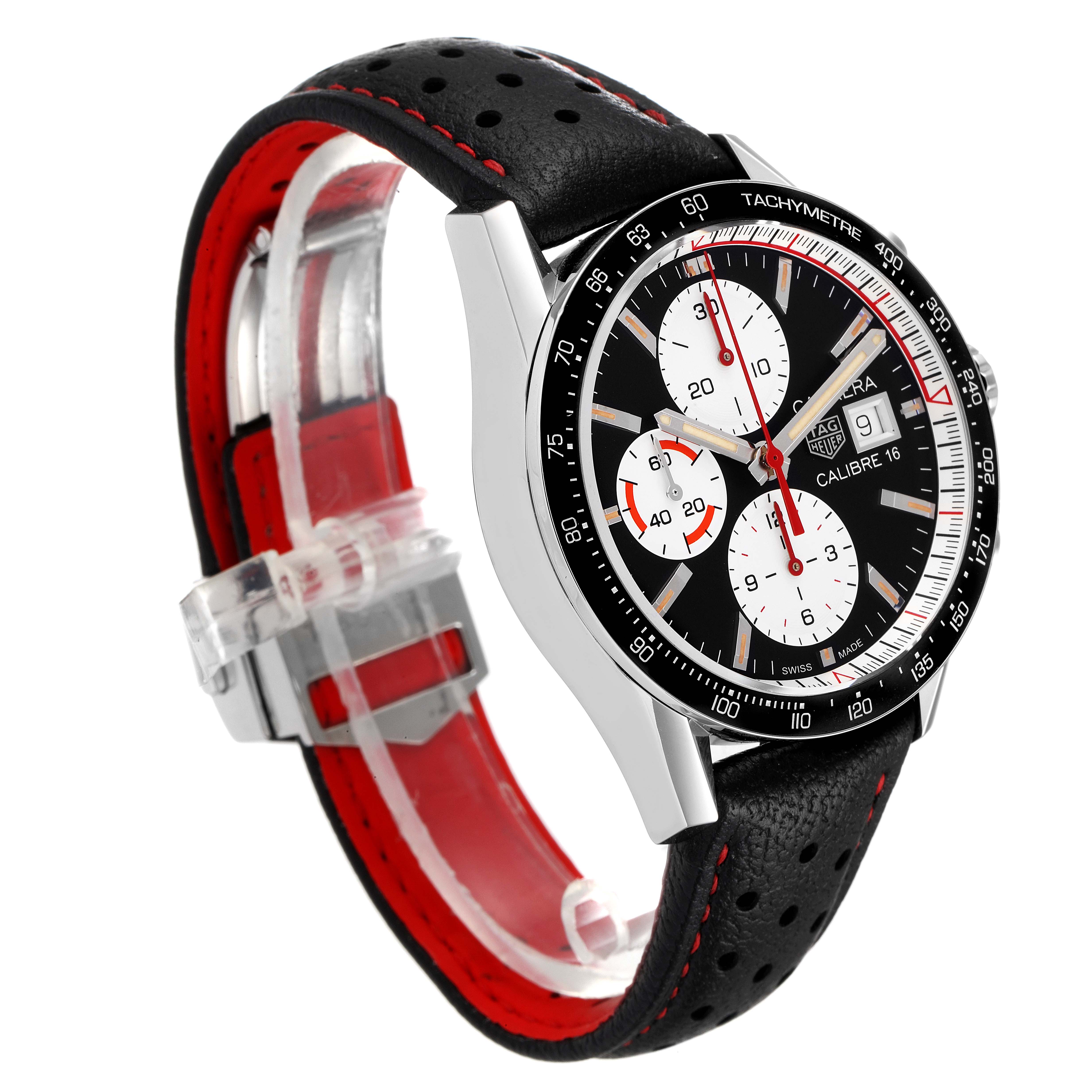 The Tag Heuer Carrera CV201AP.FC6429 Men's Stainless Steel Black Dial CV201AP.FC6429 Men's Stainless Steel Black Dial watch is shown at an angled side view, displaying the leather strap, case, dial, and chronograph features.