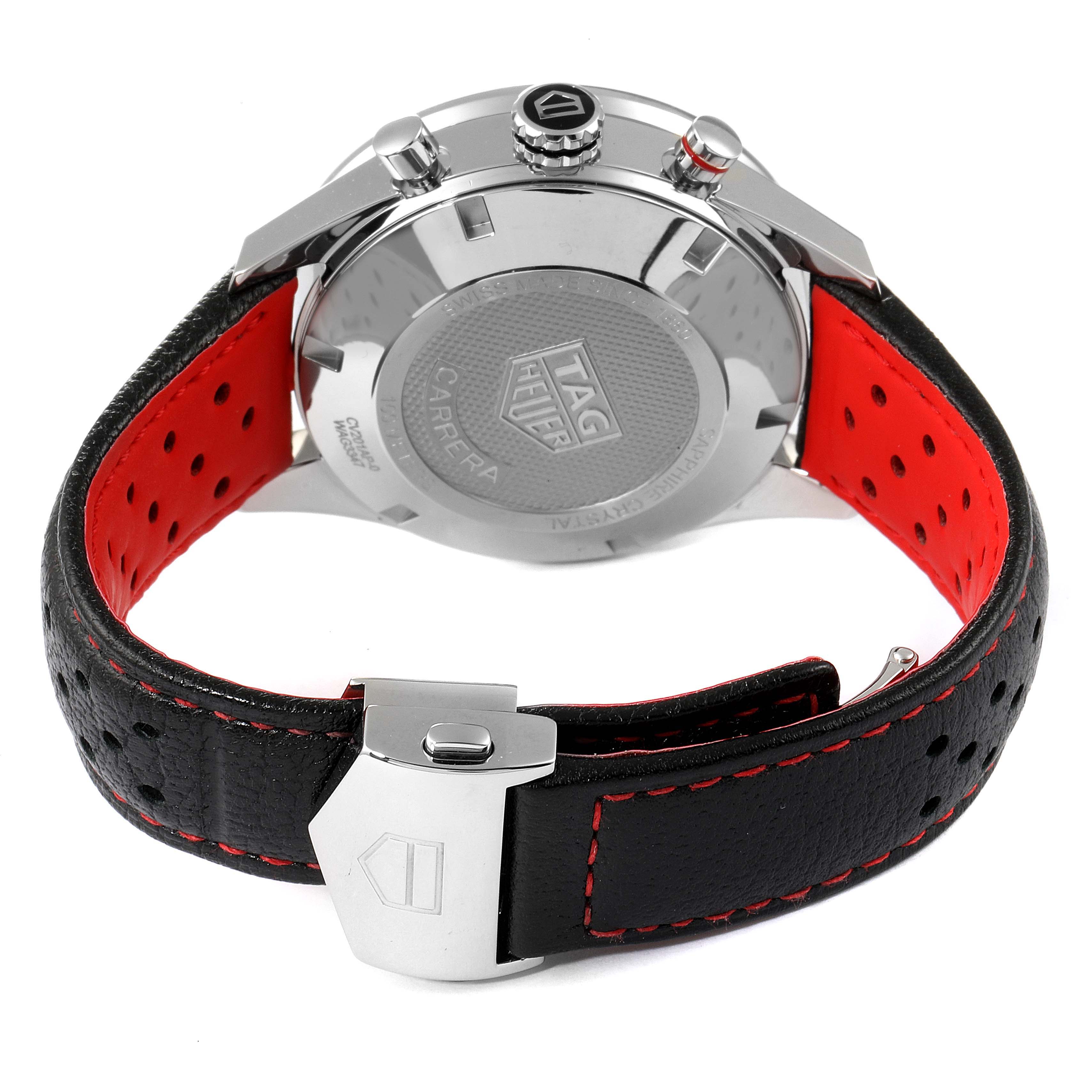 This image of a Tag Heuer Carrera CV201AP.FC6429 Men's Stainless Steel Black Dial CV201AP.FC6429 Men's Stainless Steel Black Dial watch shows the back case, crown, pushers, and perforated black strap with red lining.