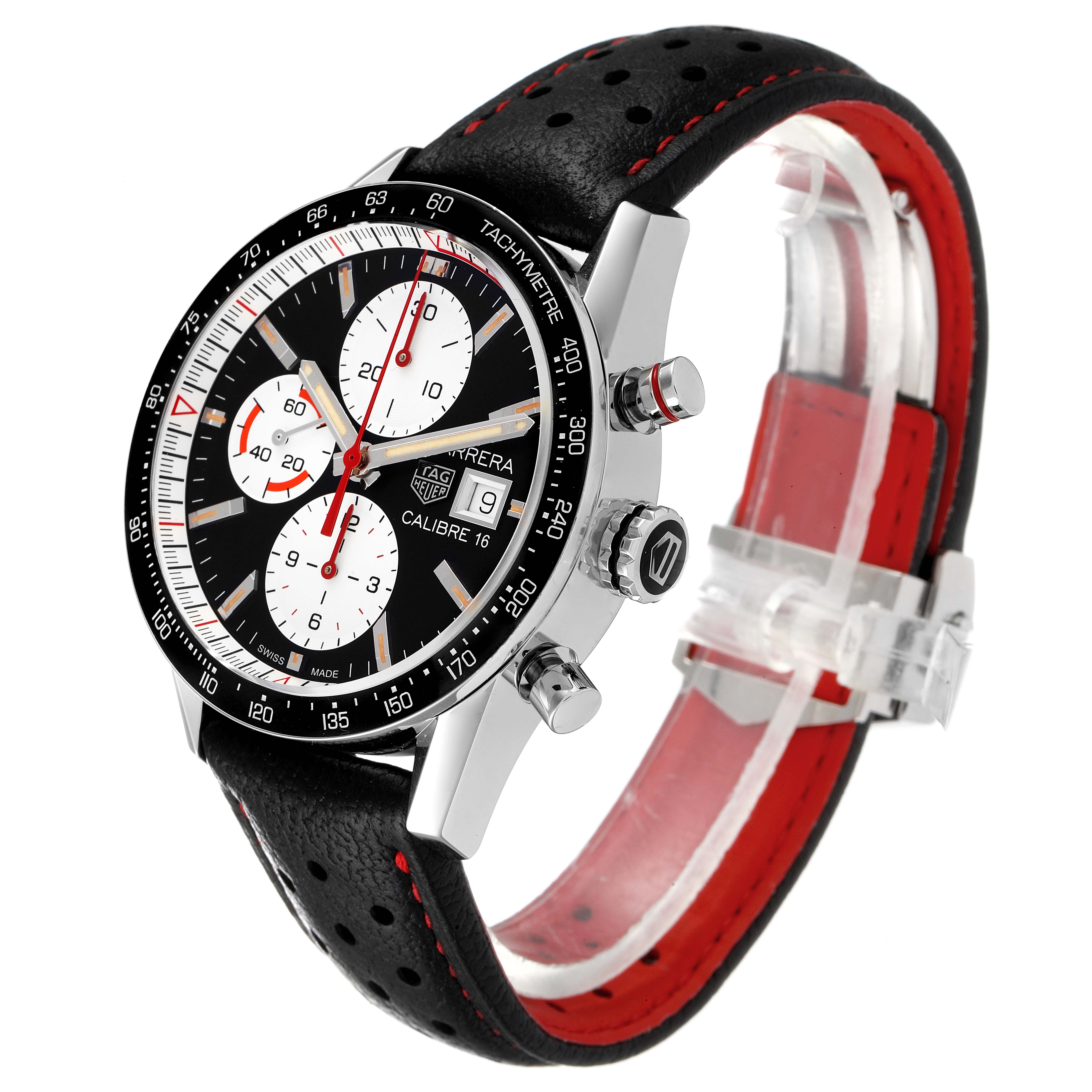 The Tag Heuer Carrera CV201AP.FC6429 Men's Stainless Steel Black Dial CV201AP.FC6429 Men's Stainless Steel Black Dial watch is shown at an angle showcasing the face, side buttons, and leather strap with red stitching and lining.
