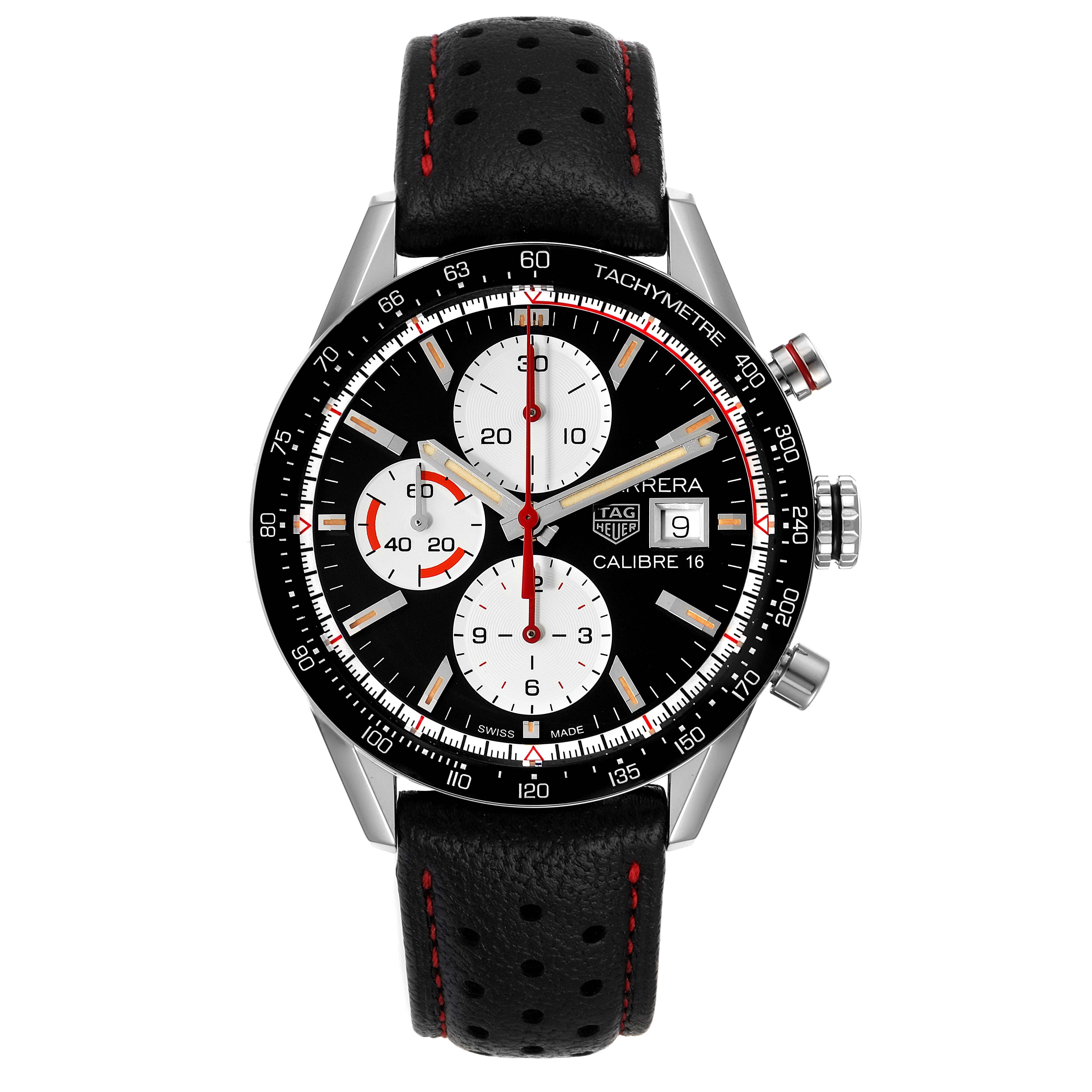 The image shows a frontal view of the Tag Heuer Carrera CV201AP.FC6429 Men's Stainless Steel Black Dial CV201AP.FC6429 Men's Stainless Steel Black Dial watch, highlighting its black dial, chronograph subdials, and leather strap.