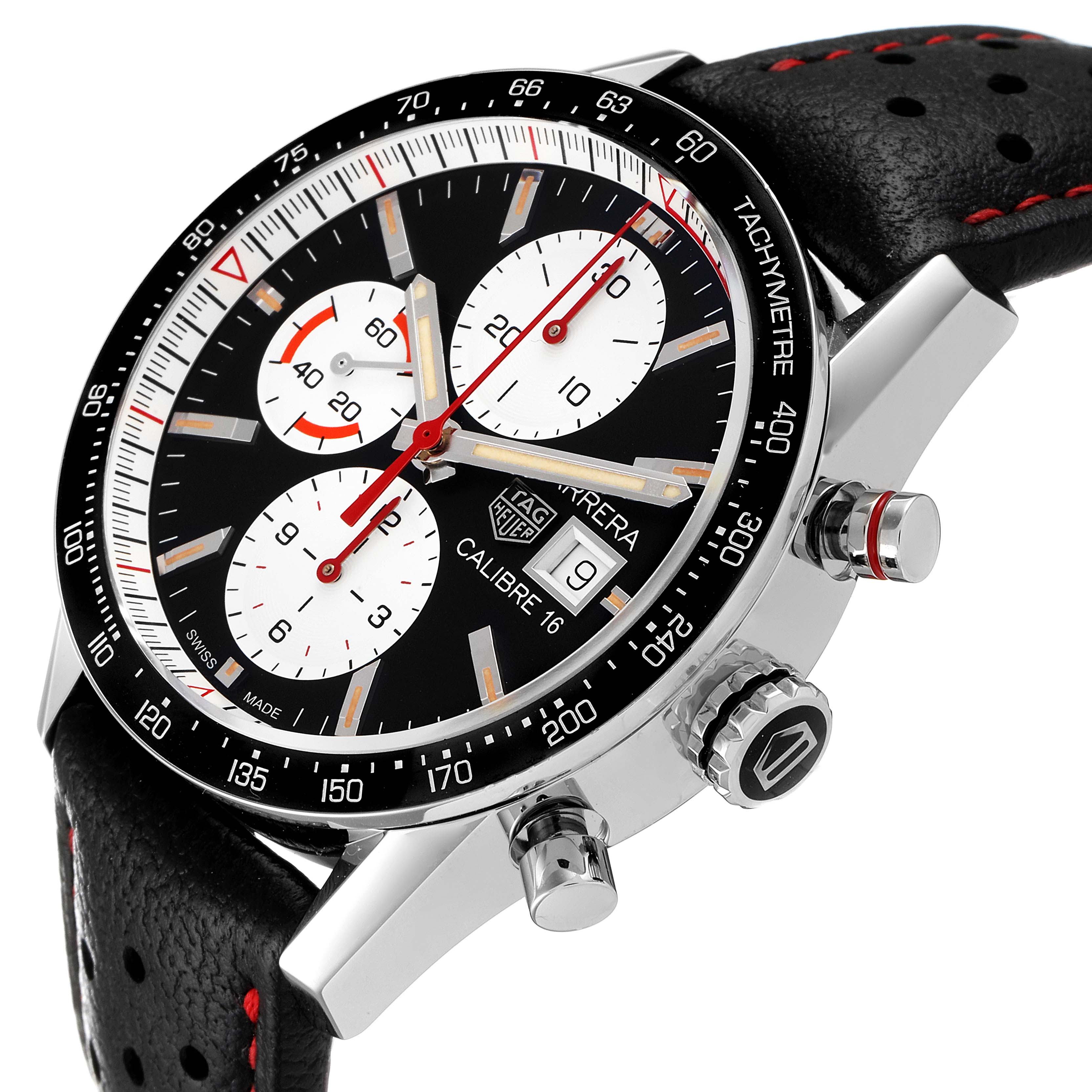 The image shows a close-up angled view of the Tag Heuer Carrera CV201AP.FC6429 Men's Stainless Steel Black Dial CV201AP.FC6429 Men's Stainless Steel Black Dial watch, highlighting its black dial, sub-dials, date display, and side crowns.