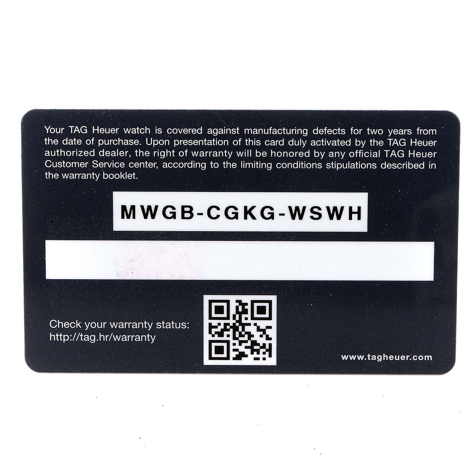 The image shows a Tag Heuer warranty card for the Carrera model, providing warranty details and a QR code.