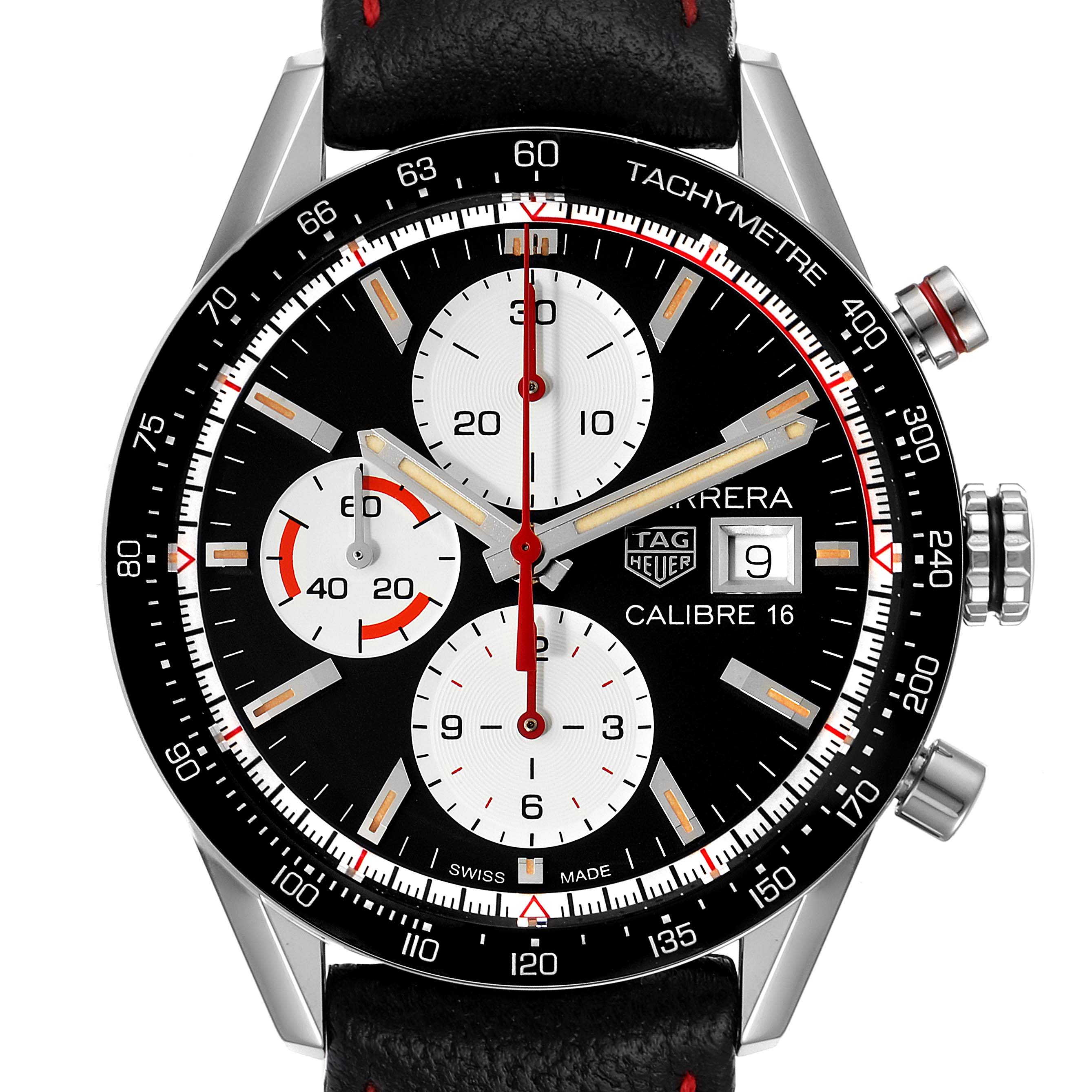 The Tag Heuer Carrera CV201AP.FC6429 Men's Stainless Steel Black Dial CV201AP.FC6429 Men's Stainless Steel Black Dial watch is shown from a front angle, displaying the dial, subdials, crown, and tachymeter bezel.