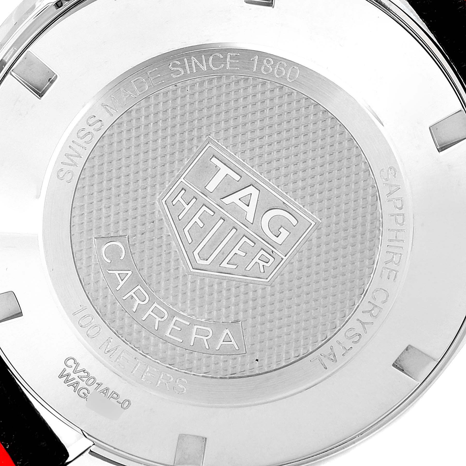 The image shows the back case of a Tag Heuer Carrera CV201AP.FC6429 Men's Stainless Steel Black Dial CV201AP.FC6429 Men's Stainless Steel Black Dial watch, detailing its branding and specifications.