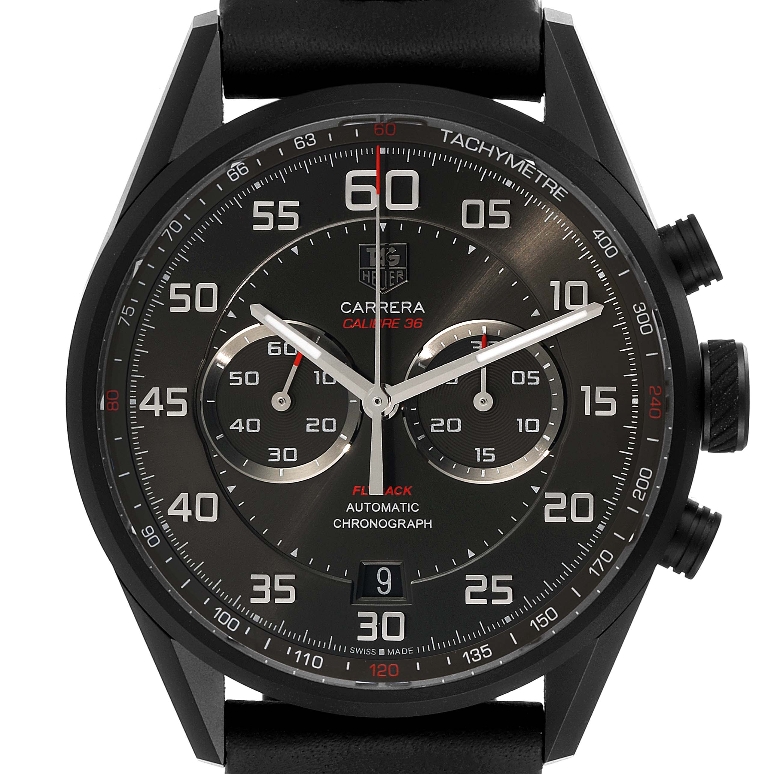 The image shows a close-up frontal view of the Tag Heuer Carrera CAR2B80.FC6325 Men's Titanium Black Dial CAR2B80.FC6325 Men's Titanium Black Dial Calibre 36 watch.